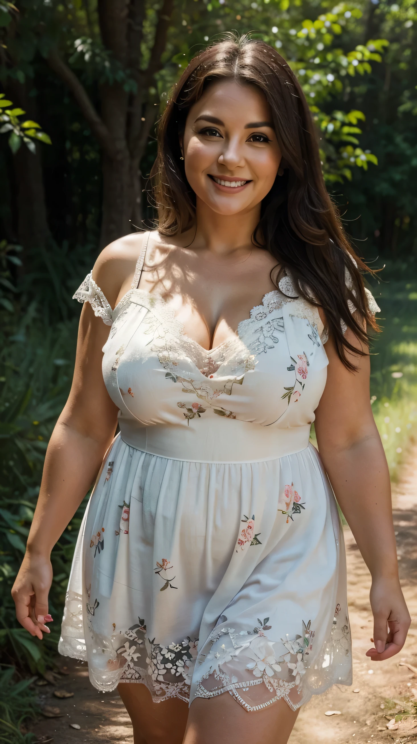 A beautiful and hot almost chubby mature woman. who is wearing a lace-like floral dress. And standing in nature. A smiling face