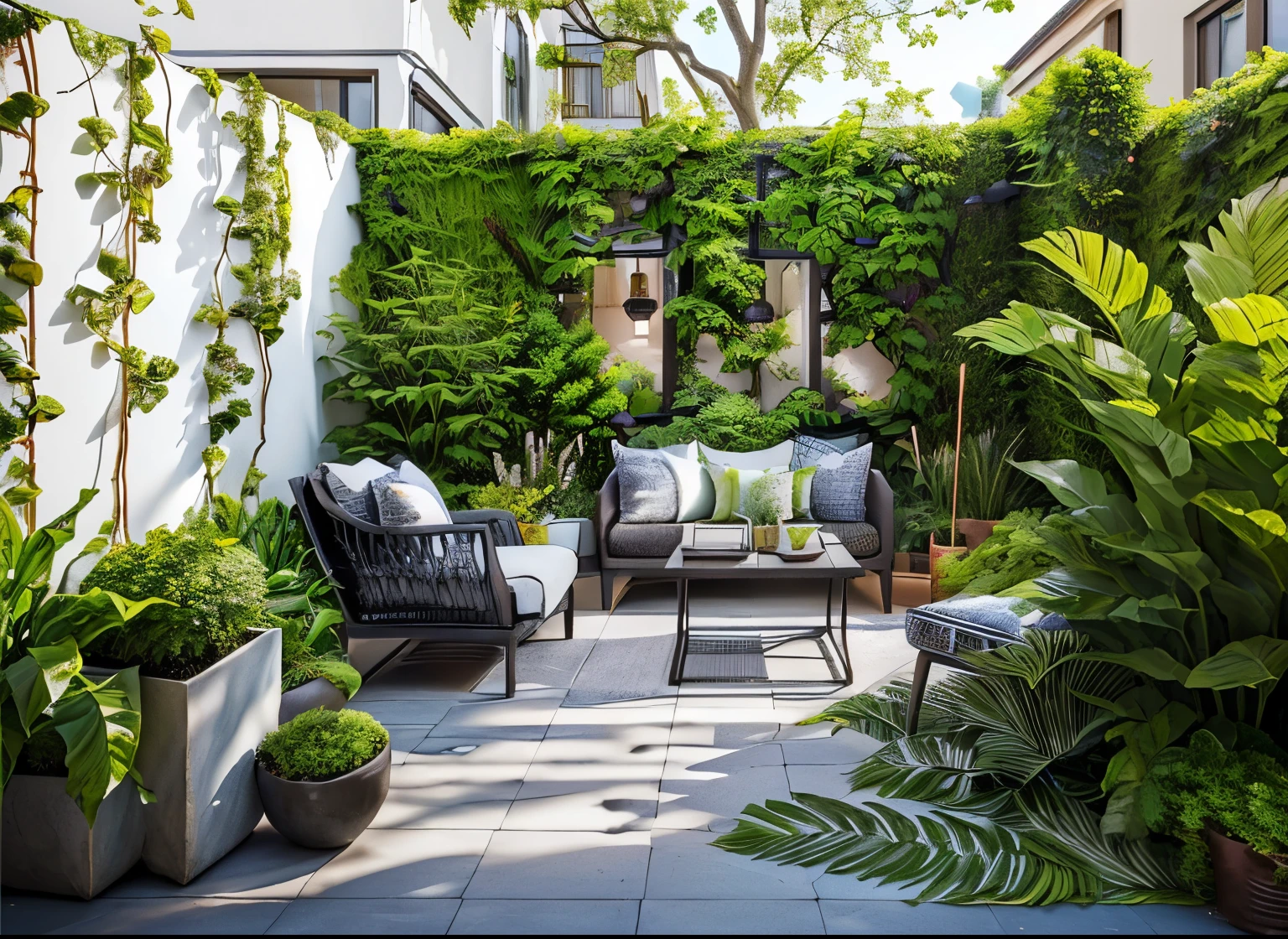 Terrace close-up,There is a sofa and many plants, plants and patio, Tree-lined, Quiet environment, Very realistic, Lush garden setting, garden environment, Beautiful terrace, Outdoor greenery, Lush and chic garden, cute style garden, Residence and garden, large plants in the background, outdoor design, very Very realistic, Lush Brooklyn cityscape