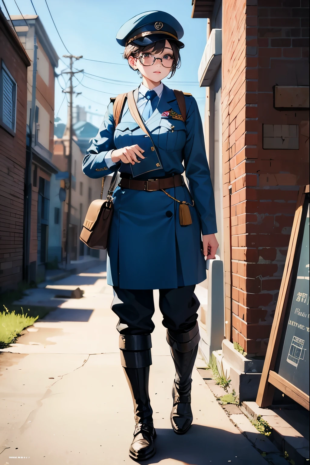 a pretty girl messenger, wearing large glasses, undercut hair, wearing postal uniform, in a post-apocalyptic world