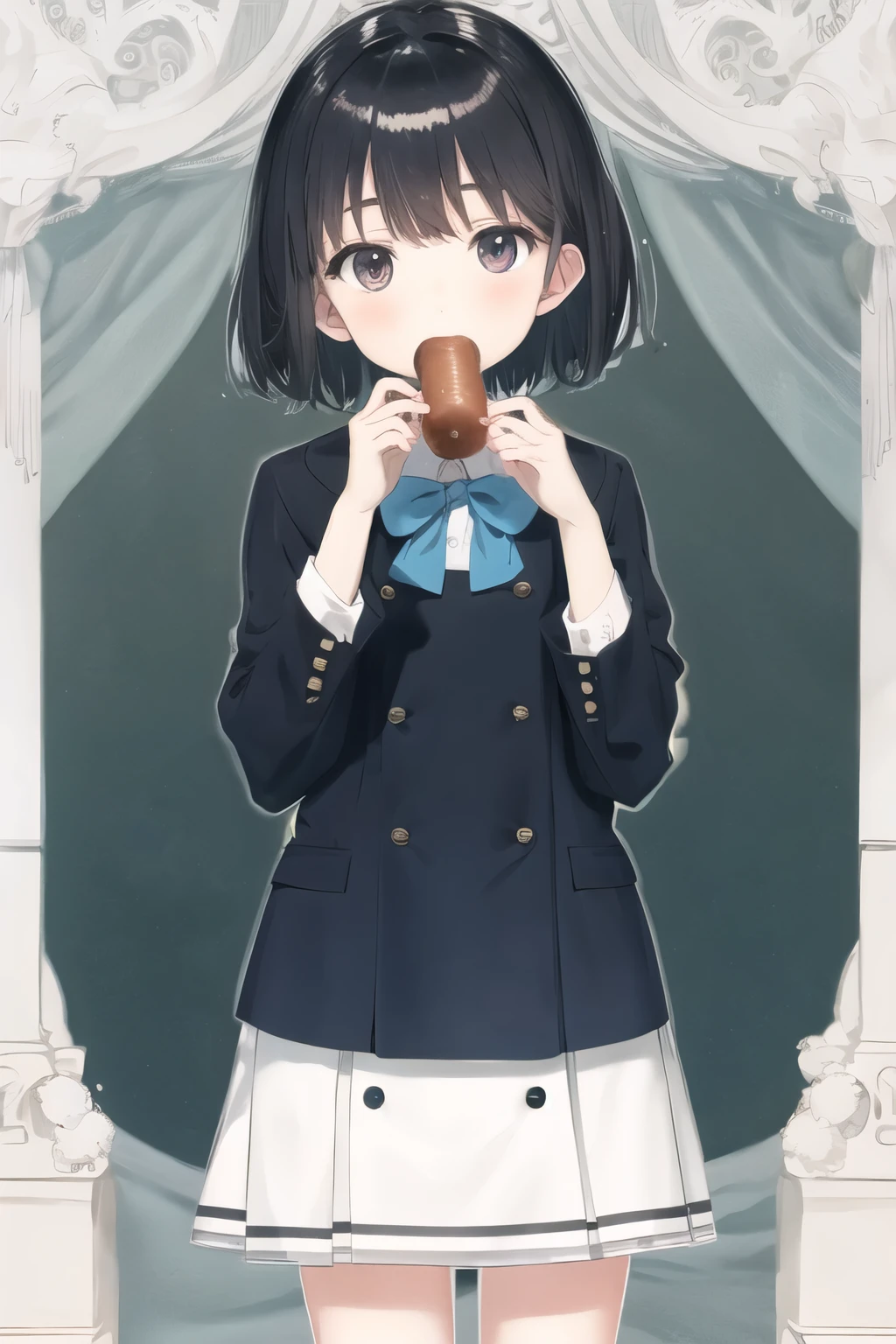 cute young junior school girl loves sausage, short cut hair
