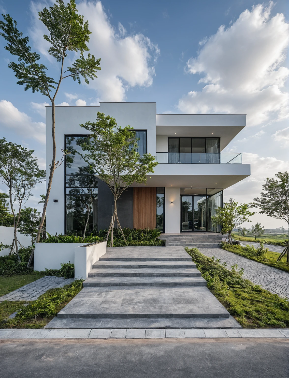 Masterpiece, high quality, best quality, authentic, super detail, outdoors, onestoreyvillaXL, aiaigroup, house style modern on the street ,stairs, white wall ,road,pavement, grass, trees, sky, cloud, (daylight:1.1)