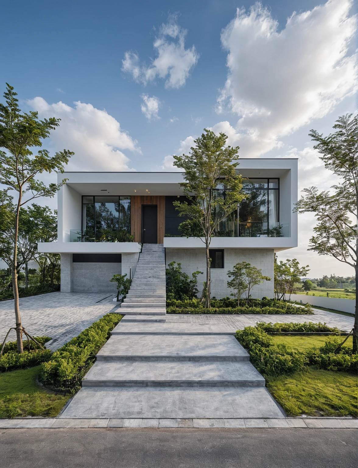 Masterpiece, high quality, best quality, authentic, super detail, outdoors, onestoreyvillaXL, aiaigroup, house style modern on the street ,stairs, white wall ,road,pavement, grass, trees, sky, cloud, (daylight:1.1)