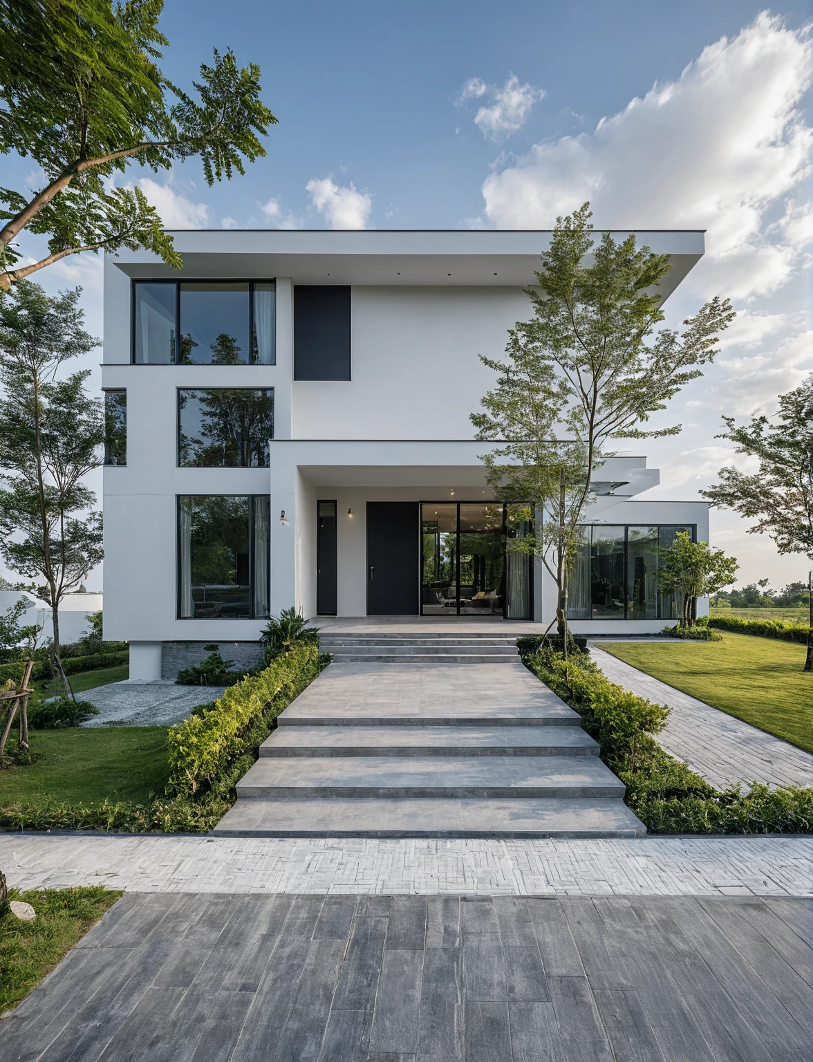 Masterpiece, high quality, best quality, authentic, super detail, outdoors, onestoreyvillaXL, aiaigroup, house style modern on the street ,stairs, white wall ,road,pavement, grass, trees, sky, cloud, (daylight:1.1)