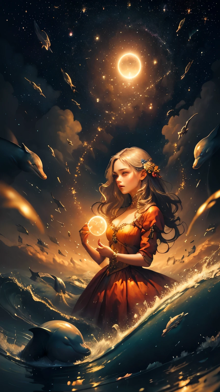 Semi-portrait, highest quality, masterpiece, 超High resolution, (Photorealistic:1.4), Surrealism, wonderful, 1 girl, Ridiculously long hair, Starry Sky, night, performer, flower, Wave, Dolphin, Mysterious atmosphere, Perfect Face, (Realistic) A sorceress in a cloud universe and shining stars and galaxy, Add to her (Gentle and easy-going) exterior. She is holding a glowing orb that has swirls of color. The big picture is (highest quality, High resolution) and (Very detailed) Texture and (Realistic) color. A dreamy and fantastical color palette. The lighting is soft, Casts subtle shadows. 8K Cinematic, Volumetric lighting, Golden Ratio