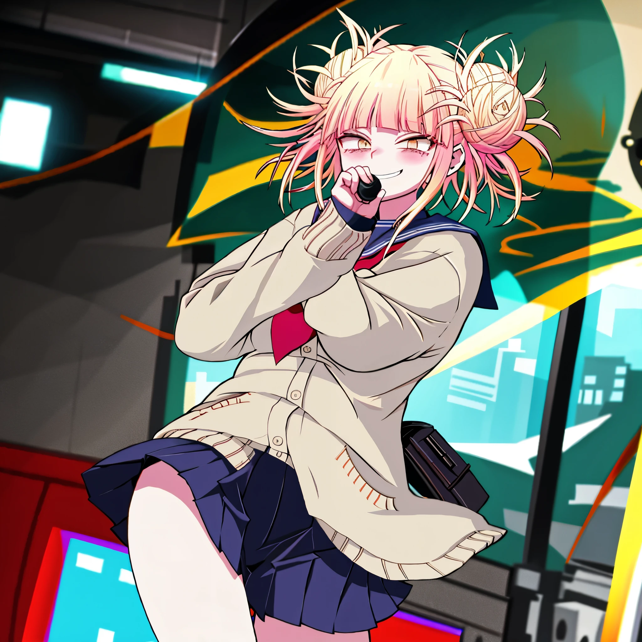 # AI Illustration Prompt for Seart
- **Theme**: Toga-chan from Hero Academia, embodying the essence of evil
- **Character**: One female character
- **Worldview**: A fusion of anime and manga, particularly the world of 'Hero Academia'
- **Body Type**: Slim, reflecting her cunning and agility
- **Skin Color**: Fair
- **Costume**: School uniform-based attire with her unique elements added
- **Costume Color**: Mainly black and red, emphasizing her evil side
- **Hairstyle**: Twin tails as the main feature, with elements of long hair, ponytail, and bob cut arranged
- **Hair Color**: Mainly golden, with a slight gradient of blue and green added
- **Props**: Unique weapons that express her ability to suck blood
- **Emotion**: A wicked smile, expressing her cunning and danger
- **Movement**: Active, reflecting her active personality
- **Perspective**: Place the character in the foreground and blur the background to focus on the character
- **Composition**: Place the character in the center to maintain visual balance
- **Background**: Urban landscape symbolizing the world of 'Hero Academia'
- **Background Color**: Gold as the main color, with blue and green added as sub-colors
- **Lighting**: Create the atmosphere of the scene, emphasizing the emotions of the character and the importance of the scene
- **Style**: High-resolution official artwork or very detailed and elaborate fan art style that is trending on ArtStation or Pixiv. Please refer to the original paintings of Kusheart Krentz, feminine style, Fate style, Enako style, Nozomi Sasaki style. Also incorporate real anime 2.5D style or real anime girls style
- **Quality Improvement**: Aim for absurd, highest quality, real, hyper-real, ultra-detailed illustrations using the golden ratio 1.2 and drafting board 1.3. Create a beautiful masterpiece with a large file size created in 64K. The resolution of the face is also high, and the lighting is perfectly finished. The resolution is 8K, ultra-high resolution: 1.2, selectable