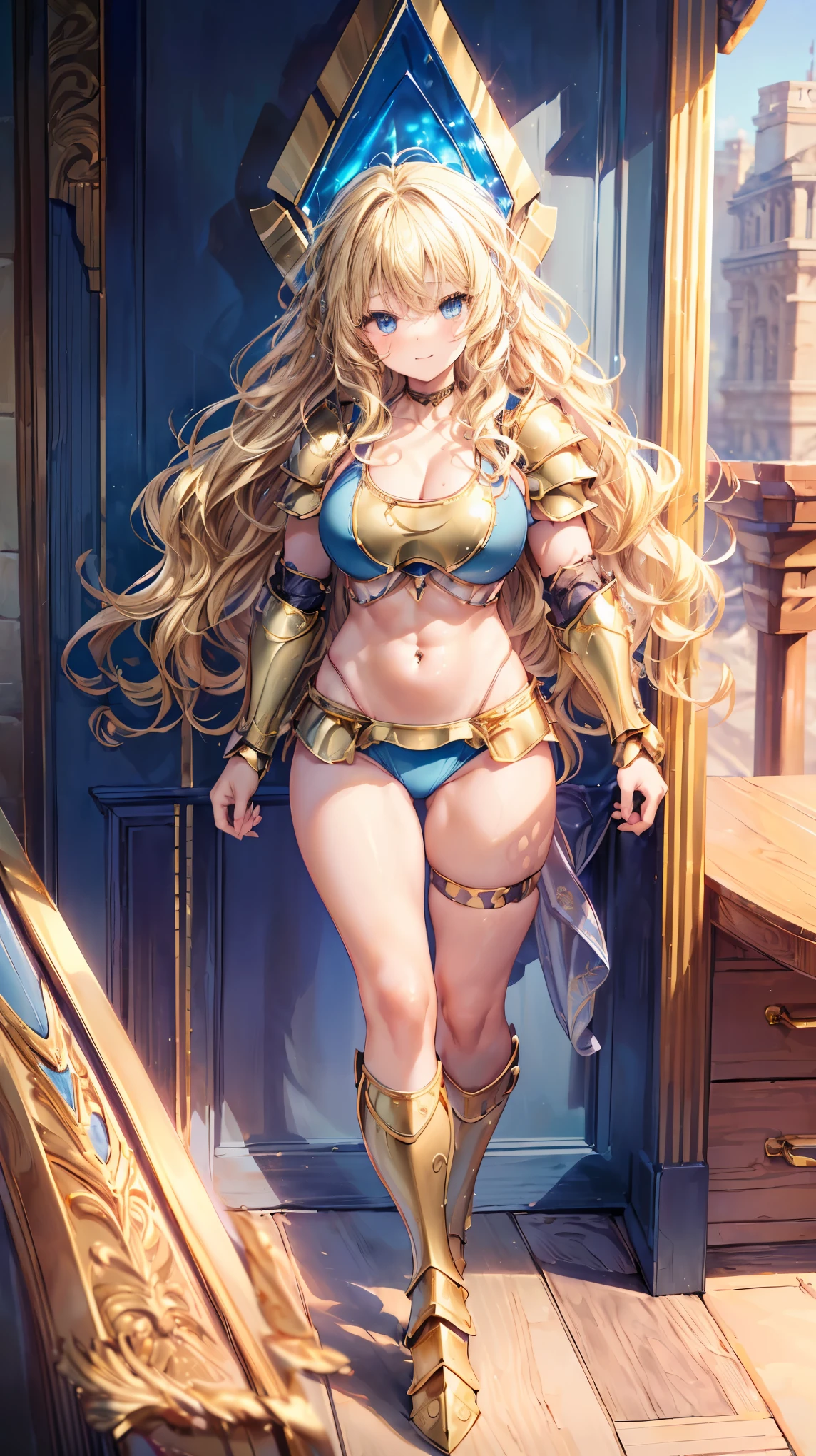 Very detailed、highest quality、Best image quality、masterpiece、8k、Anime Face、A kind smile、Open your mouth、Sparkling blue eyes、(Blonde wavy hair:1.5)、、Muscles of the whole body、camisole、Thigh belt、mini skirt、(Wearing gold bikini armor:1.5)、Cowboy Shot、(Leg armor:1.5)