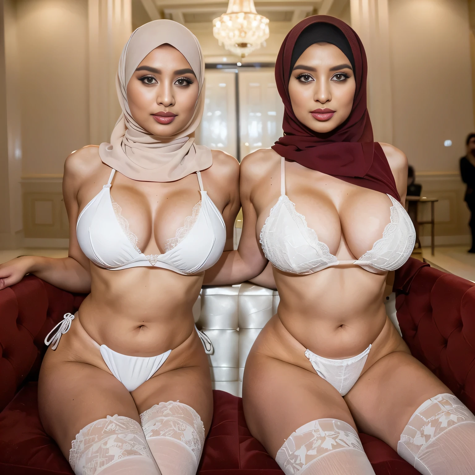 In a regal setting, two sexually attractive hourglass figure adult video star (hijabi) (Muslim) MILF sit side by side on a magnificent throne, radiating elegance and confidence. They share the same height and body proportions, creating a visually stunning image of unity and strength.

Both ladies wear white (lace hijabs), beautifully wrapped around their heads, framing their faces and accentuating their natural beauty. The delicate lace adds a touch of femininity and sophistication to their overall look.

Complementing their hijabs, both ladies wear white stockings string bra string thong that add a subtle hint of allure to their ensemble. The stockings enhance their elegant and poised posture, further highlighting their hourglass figures.

Their makeup is flawlessly applied, with striking red lips, voluminous mascara, captivating eye shadow, precise eyeliner, and luxurious lashes. These elements enhance their already mesmerizing features, drawing attention to their expressive eyes.

As they sit close to each other on the throne, they exude a sense of unity and sisterhood. Their presence showcases the beauty and strength of hijabi Muslim women, empowering others to embrace their identities and celebrate their unique beauty.

she is looking at viewer, skin texture, ultra high res, RAW, instagram LUT, masterpiece, best quality, ultra-detailed, ultra high resolution, RAW, 4k, (looking at viewer), extremely detailed eyes and face, ((beautiful detailed nose)), ((beautiful detailed thigh)), ((beautiful detailed eyes)), perfect body proportion,  (looking at the camera), seductive face, cheerful, happy, (thighhighs) (hijab) (SFW:1.5), (five fingers), detailed fingers, (string bikini), 