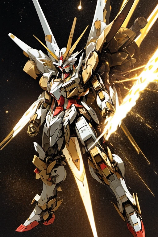 robot,gundam barbatos body,strike astray gundam head,freedom gundam backpack,black and gold color body,stand, battlefield,in space,among enemy robot,space warship,highly quality