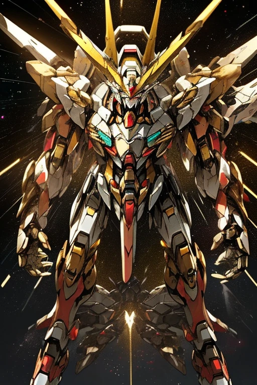 robot,gundam barbatos body,strike astray gundam head,freedom gundam backpack,black and gold color body,stand, battlefield,in space,among enemy robot,space warship,highly quality