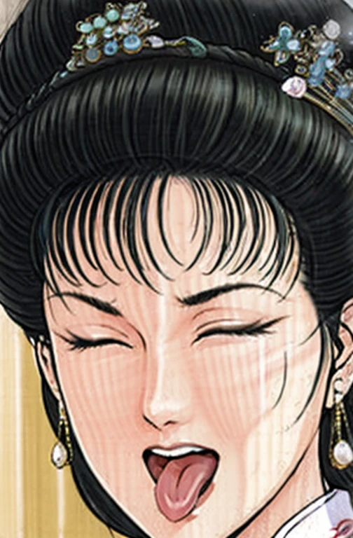 (best quality), (very aesthetic), (ultra-detailed), (best illustration),NSFW,a mature female,Perfect Face,Suikoden,Mrs. Lin,(full_body),big breast,red cheek,(troubled face),Sweating,skinny, chinese traditional clothes,chinese traditional style bed,Mouth wide open and tongue sticking out、Eyes closed