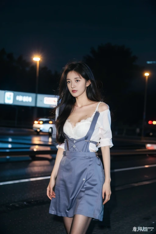 8K, best quality, high resolution, (Reality:1.4), (Depth of Field:1.5),(Complete身女恋:1.5),  1 girl, (Delicate face), (Complete_Body:1.5), (Very detailed)、Single focus、((Perfect body))、(Uniforms、Short skirt、Suspender lace pantyhose:1.2)、（复杂的Uniforms、badge、stripe、Pattern、Cleavage）、(Large cleavage)、（Very long legs:1.8）、(Reality)、night、(((The endless highway in the background)))、

(Egiosar:0.3), (ulzzang-6500:1),
