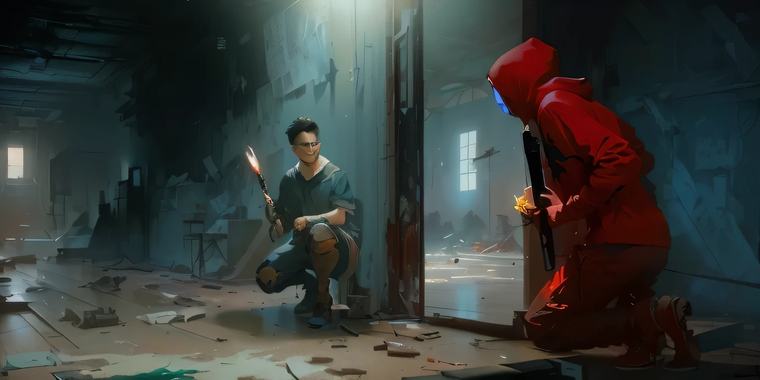 painting of a man kneeling down in a room with a red hoodie, ismail inceoglu and ruan jia, ross tran and bayard wu, rob rey and kentaro miura style, digital painting concept art, concept art for a video game, artwork in the style of guweiz, concept art digital illustration, sergey kolesov concept art