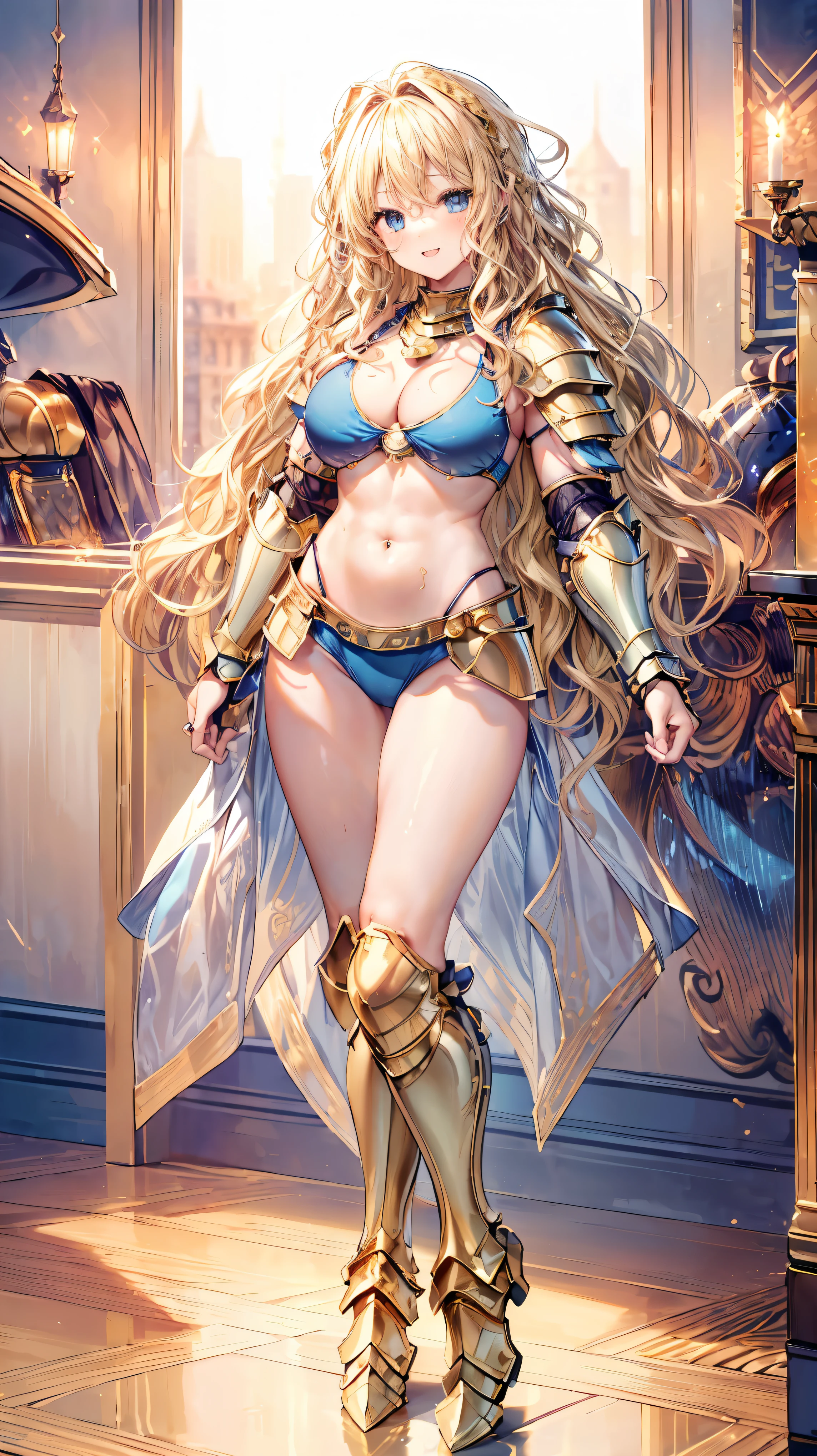 Very detailed、highest quality、Best image quality、masterpiece、8k、Anime Face、A kind smile、Open your mouth、Sparkling blue eyes、(Blonde wavy hair:1.5)、、Muscles of the whole body、camisole、Thigh belt、mini skirt、(Wearing gold bikini armor:1.5)、Cowboy Shot、(Leg armor:1.5)