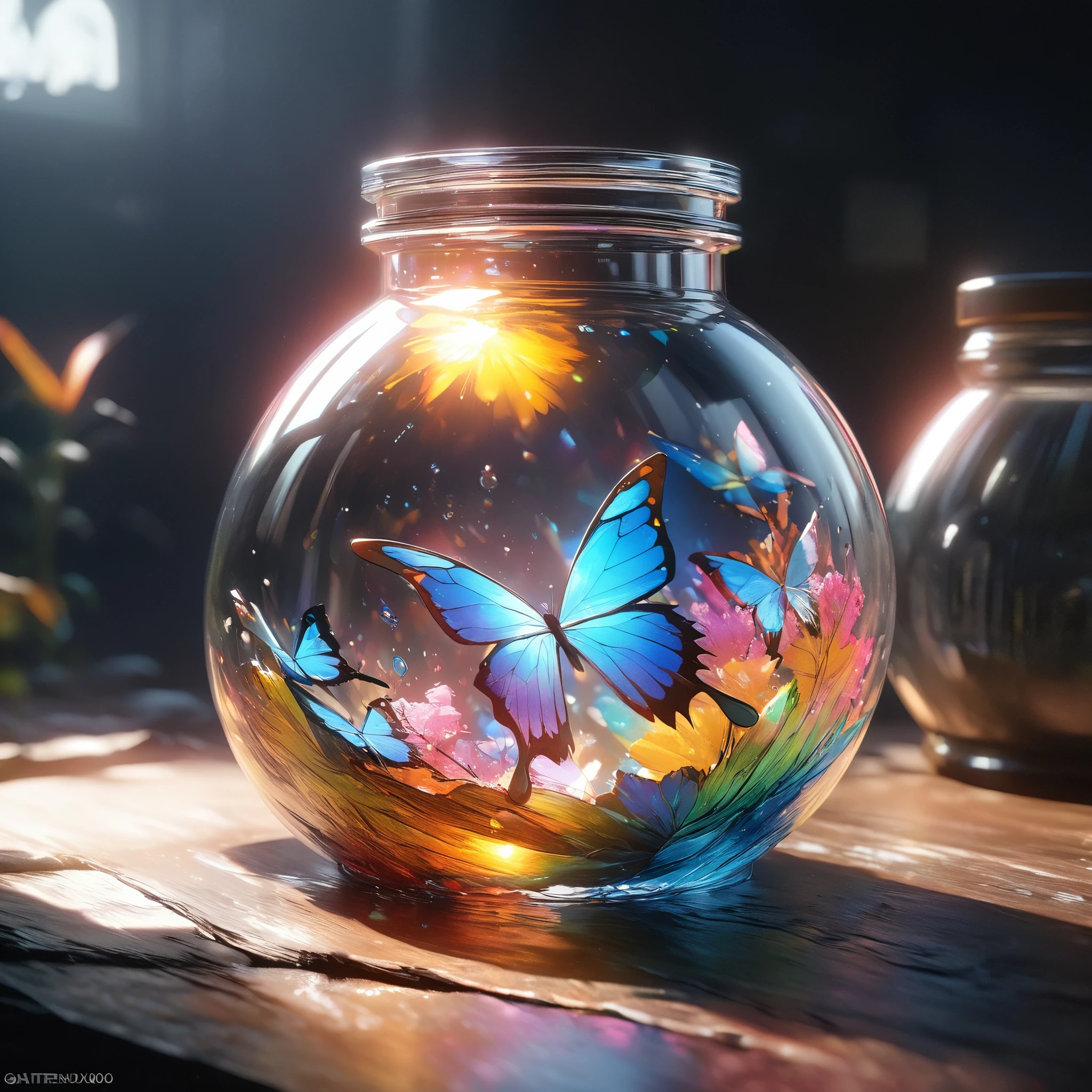 1 Blue Butterfly in a Bottle, Butterfly details,beautiful,White background, Practical, Atmospheric light refraction, photography:lee jeffries, Nikon d850 film stock photos 4 Kodak portra 400 camera f1.6 guns, rich and colorful, ultra Practical Practical textures, Dramatic Lighting, Unreal Engine Trends on artstation cinestill 800, Style - Glass