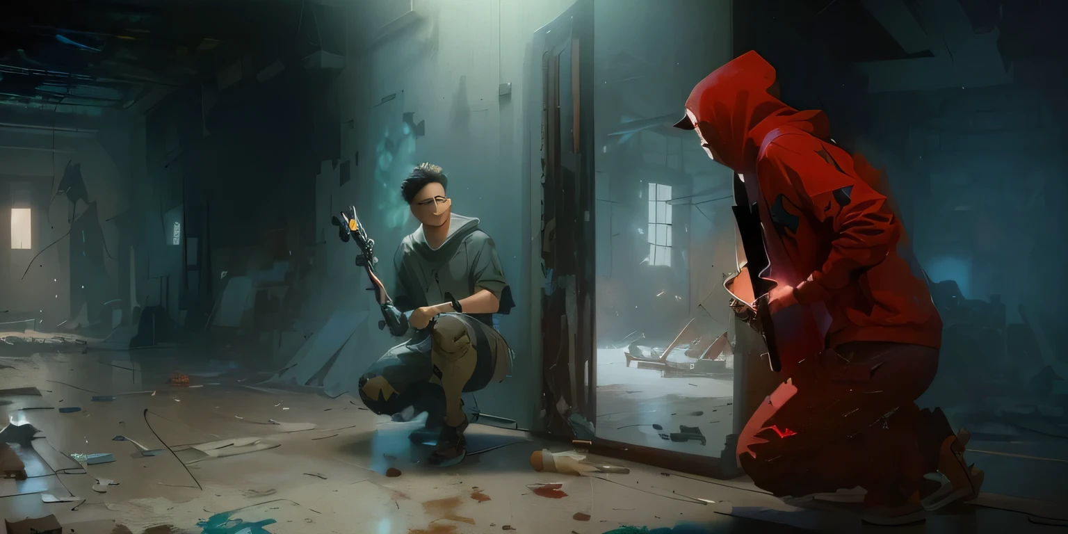 painting of a man kneeling down in a room with a red hoodie, ismail inceoglu and ruan jia, ross tran and bayard wu, rob rey and kentaro miura style, digital painting concept art, concept art for a video game, artwork in the style of guweiz, concept art digital illustration, sergey kolesov concept art