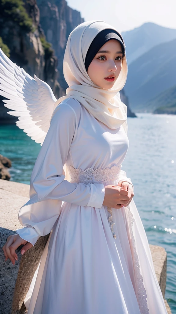 Create an angelic hijab girl image in a breathtaking scenery, pay attention on details hijab and face and accesories, hyperrealistic image.