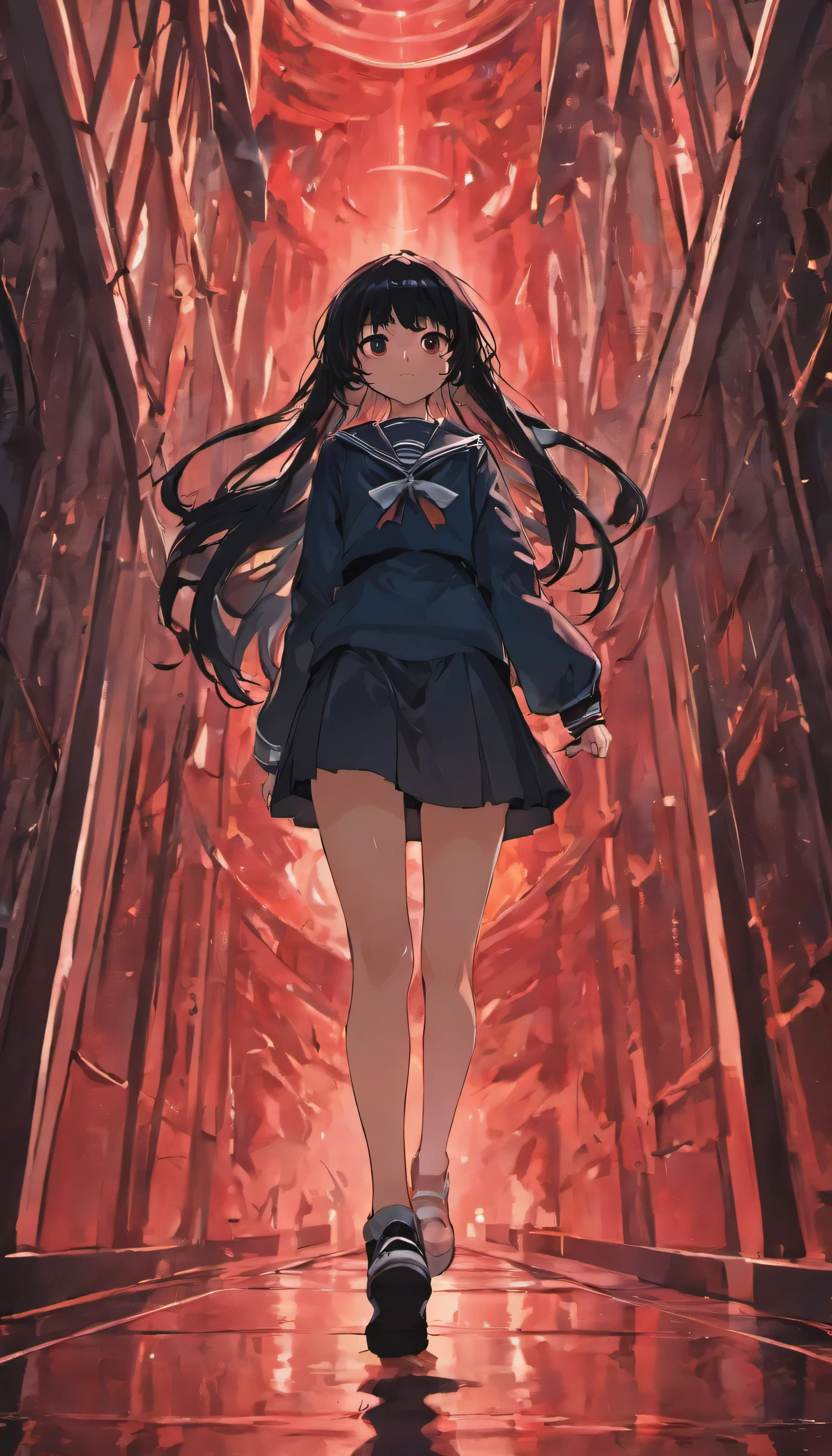 A girl with long black hair and a sailor uniform turns her back on us and walks towards the red hell.
