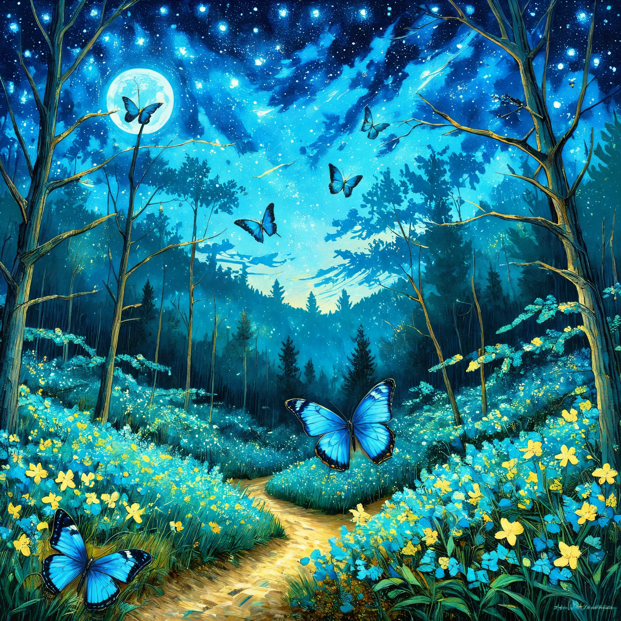 night，Starry Sky，Van Gogh style,(1 blue butterfly，traditional media,look up,Forest background ,(Blue butterfly detail） ,solitary ),concept art, Draw a picture representing this beautiful tourist landscape, magic, Painted by a professional artist in the style of modern art by Manuel Fernández García, masterpiece, Awarded for its beauty, Bright colors, Obvious pinch marks, 32k