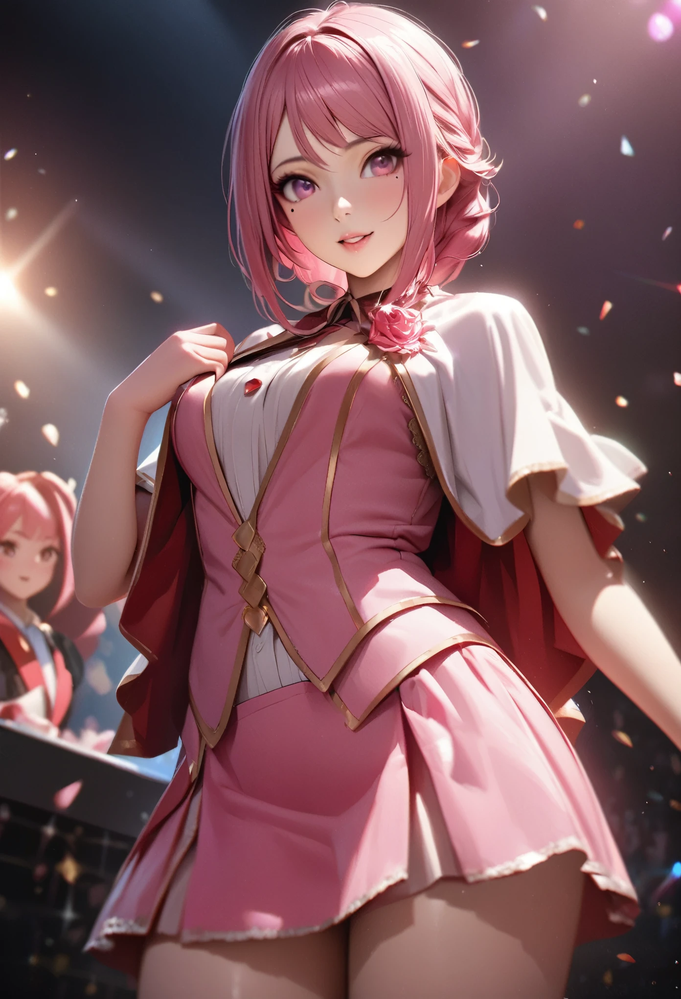 One Girl、Looking at the audience、
Beautiful Pink Eyes、long pink hair、,Mole under the eye、Plump and glossy lips、Heart-shaped choca、Idol、she is name Riko,smile、ー、。.。.。.。.。.。.。.。.。.。.。.。.。.。.。.。.。.。.3D、Realistic、
idol costume、short skirt,Drape clothes、gem、The decoration has been removed、Floral、Lace trim,On the glittering stage、
masterpiece、highest quality、8k、Detailed skin texture、Detailed cloth texture、Beautifully detailed face、Intricate details、Very detailed、
超A high resolution、8K Ultra HD、Film Grain、Best Shadow、delicate、Staring at the audience、front