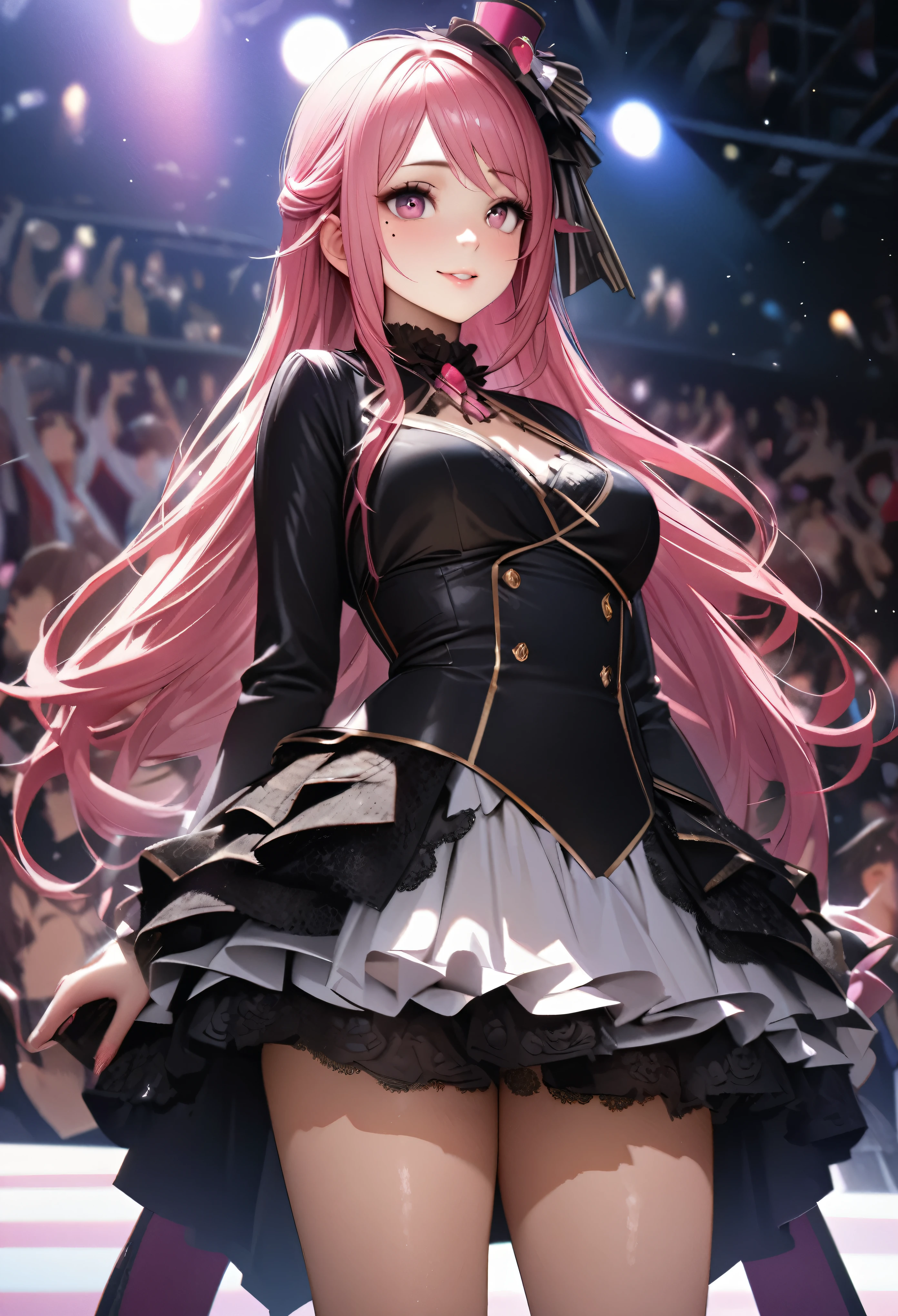 One Girl、Looking at the audience、
Beautiful Pink Eyes、long pink hair、,Mole under the eye、Plump and glossy lips、Heart-shaped choca、Idol、she is name Riko,smile、ー、。.。.。.。.。.。.。.。.。.。.。.。.。.。.。.。.。.。.3D、Realistic、
idol costume、short skirt,Drape clothes、gem、The decoration has been removed、Floral、Lace trim,On the glittering stage、
masterpiece、highest quality、8k、Detailed skin texture、Detailed cloth texture、Beautifully detailed face、Intricate details、Very detailed、
超A high resolution、8K Ultra HD、Film Grain、Best Shadow、delicate、Staring at the audience、front