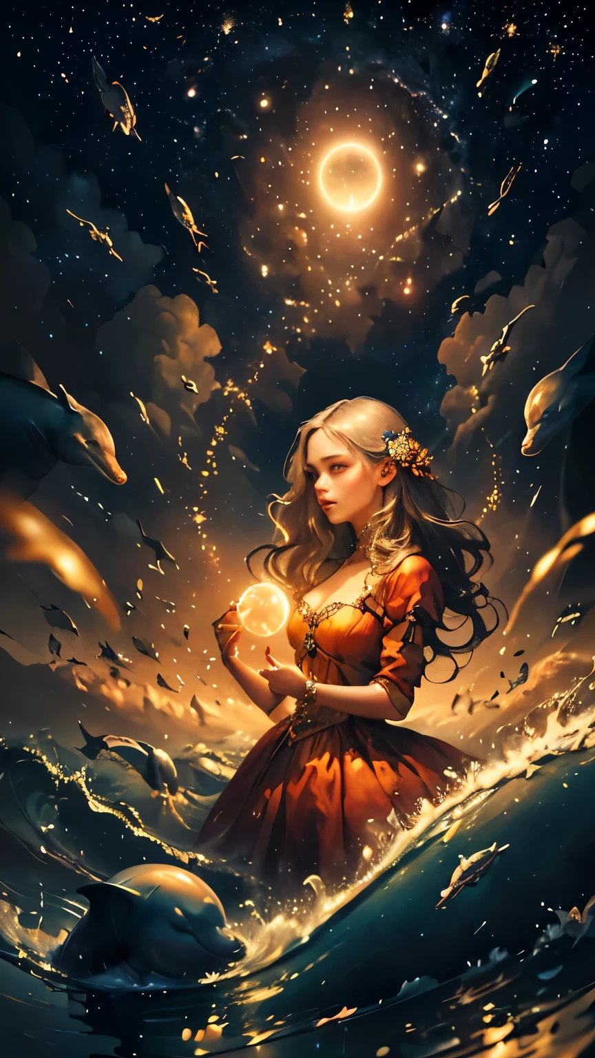 Semi-portrait, highest quality, masterpiece, High resolution, (Photorealistic:1.4), Surrealism, wonderful, 1 girl, Starry Sky, night, performer, flower, Wave, Dolphin, Mysterious atmosphere, Perfect Face, (Realistic) A sorceress in a cloud universe and shining stars and galaxy, Add to her (Gentle and easy-going) exterior. She is holding a glowing orb that has swirls of color. The big picture is (highest quality, High resolution) and (Very detailed), (Realistic) color. A dreamy and fantastical color palette. The lighting is soft, Casts subtle shadows. 8K Cinematic, Volumetric lighting, Golden Ratio