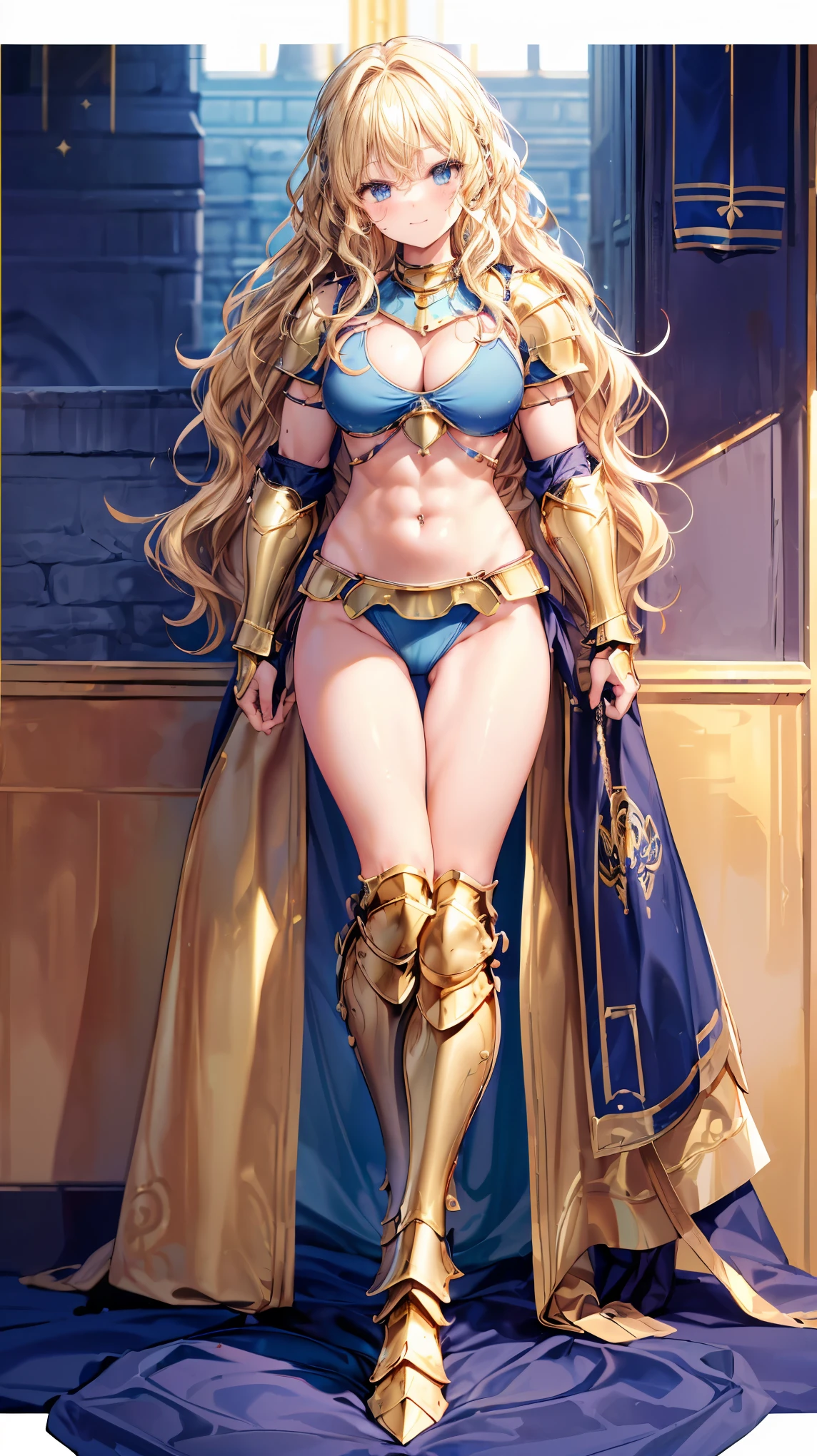 Very detailed、highest quality、Best image quality、masterpiece、8k、Anime Face、A kind smile、Open your mouth、Sparkling blue eyes、(Blonde wavy hair:1.5)、、Muscles of the whole body、camisole、Thigh belt、mini skirt、(Wearing gold bikini armor:1.5)、Cowboy Shot、(Leg armor:1.5)、sword