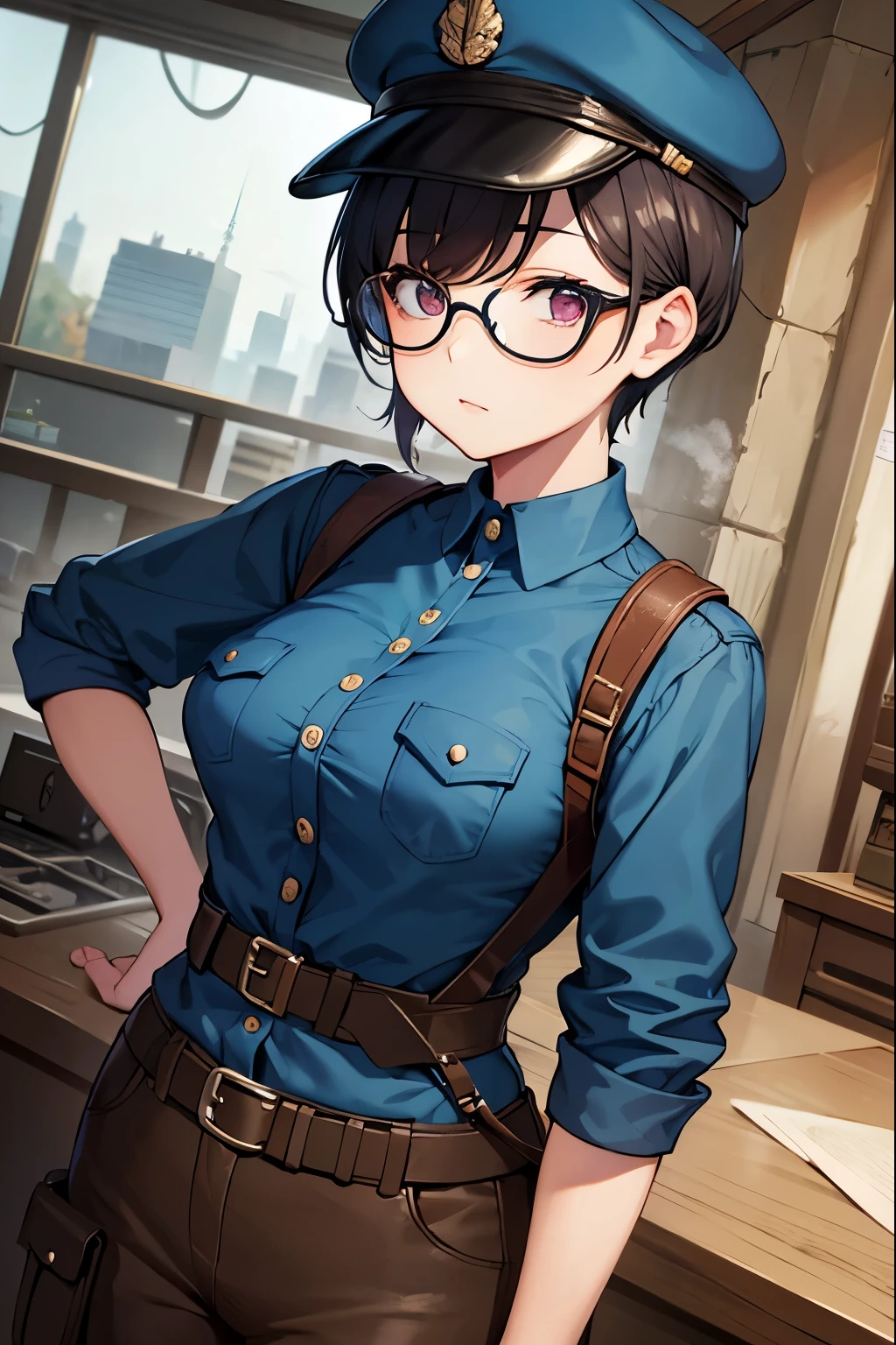 Wide angle, a pretty girl messenger, wearing large glasses, undercut hair, wearing postal uniform, in a post-apocalyptic world