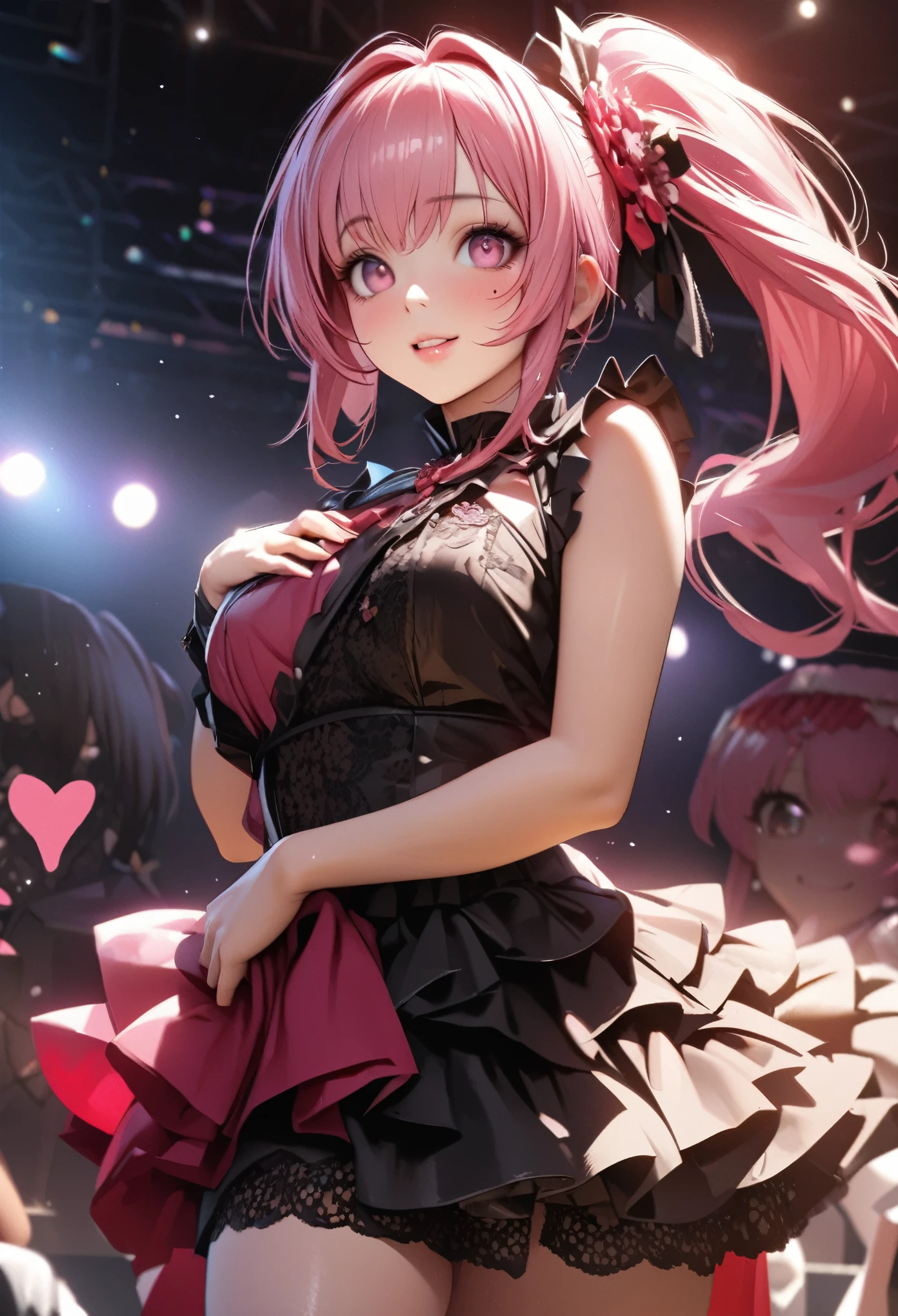 One Girl、Looking at the audience、
Beautiful pink eyes、Long pink hair、,Mole under the eye、Plump and glossy lips、Heart-shaped choca、Idol、Her name is Rico,smile、ー、。.。.。.。.。.。.。.。.。.。.。.。.。.。.。.。.。.。.3D、Realistic、
Idol衣装、Short skirt,Drape clothes、gem、The decoration has been removed、Floral、Lace trim,On a glittering stage、
masterpiece、highest quality、8k、Detailed skin texture、Detailed cloth texture、Beautifully detailed face、Intricate details、Very detailed、
超A high resolution、8k Ultra HD、Film Grain、Best Shadow、delicate、Gazing at the audience、front