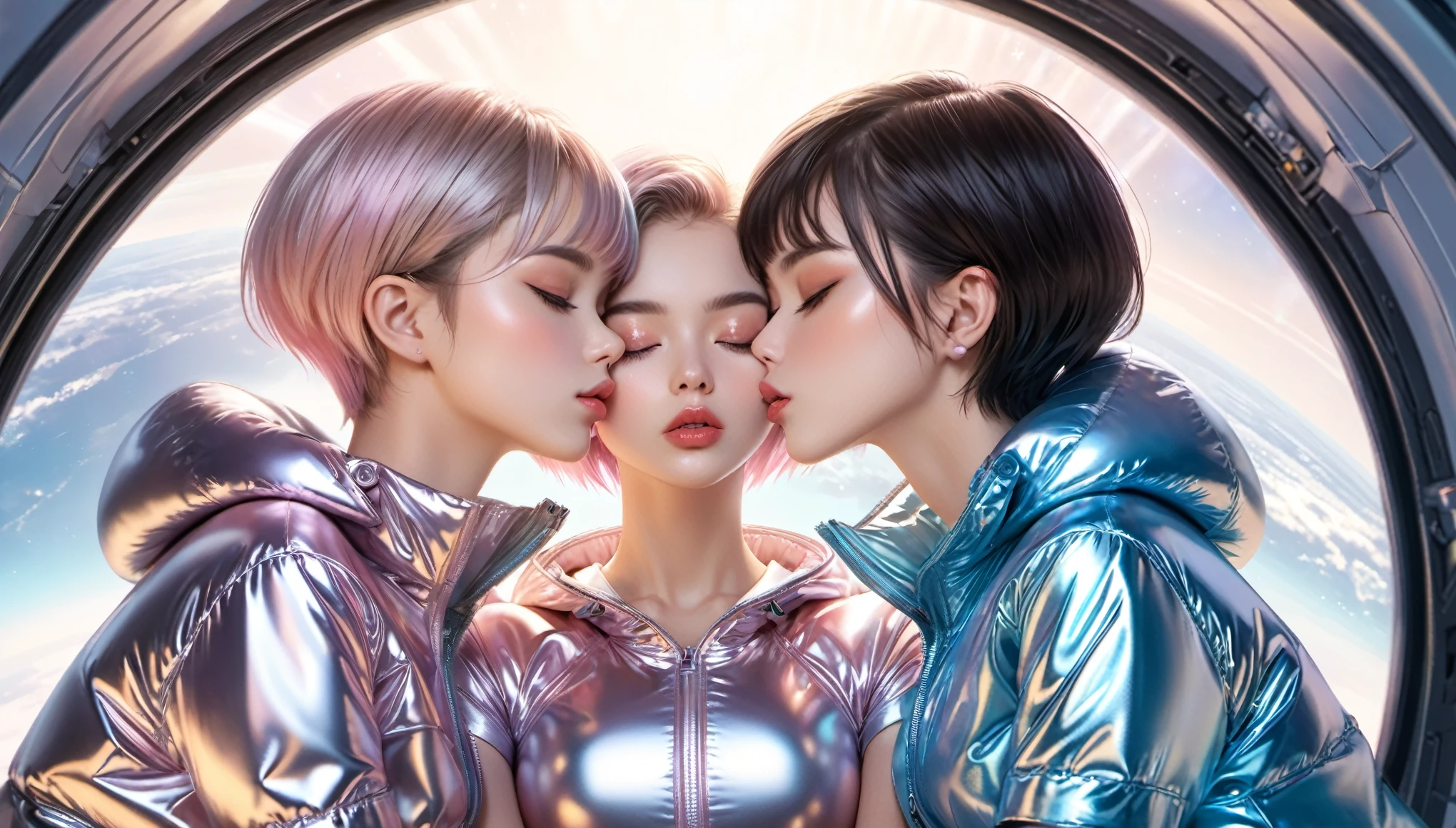 Masterpiece, Best Quality, ((2 cute girls kissing in a pastell open shiny puffer, short sleeves, small perky breasts, extremely detailed face, beautiful detailed closed eyes, beautiful detailed lips, pixie side shaved hair, small hips, in a spaceship, wide view))