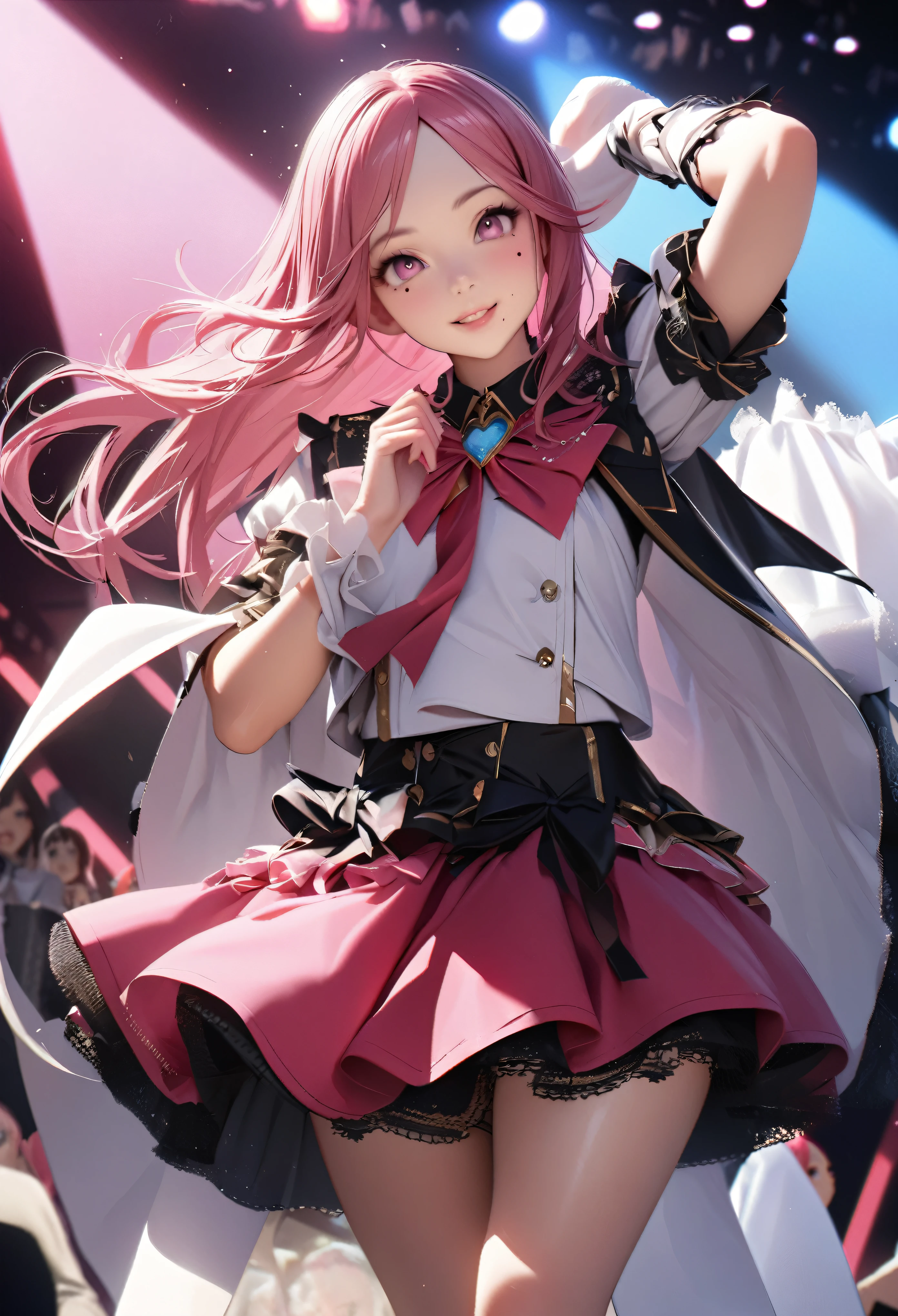 One Girl、Looking at the audience、
Beautiful Pink Eyes、long pink hair、,Mole under the eye、Plump and glossy lips、Heart-shaped choca、Idol、she is name Riko,smile、ー、。.。.。.。.。.。.。.。.。.。.。.。.。.。.。.。.。.。.3D、Realistic、
idol costume、short skirt,Drape clothes、gem、The decoration has been removed、Floral、Lace trim,On the glittering stage、
masterpiece、highest quality、8k、Detailed skin texture、Detailed cloth texture、Beautifully detailed face、Intricate details、Very detailed、
超A high resolution、8K Ultra HD、Film Grain、Best Shadow、delicate、Staring at the audience、front