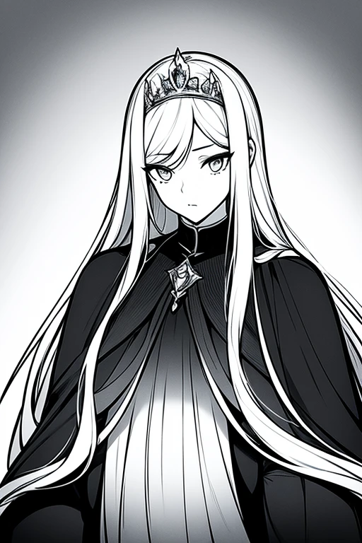 masterpiece, best quality, portrait, 1 adult woman, black background with a gray gradient from the bottom, long hair, clothes are a tight dress, white light comes from above, holds her hands behind her head, looks straight at the camera, Style is a black and white sketch image, she wears a tiara and has royal decorations, serious eyes
