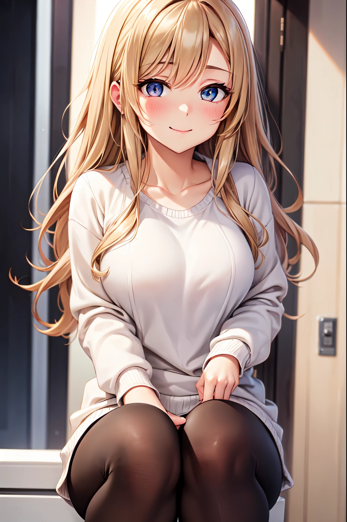 (High quality, High resolution, Fine details), BREAK Vertically striped white sweater, solo, curvy women, BREAK light brown hair, sparkling eyes, (Detailed eyes:1.2), smile, blush, Sweat, Oily skin, BREAK Black tights, Soft tones, shallow depth of field
