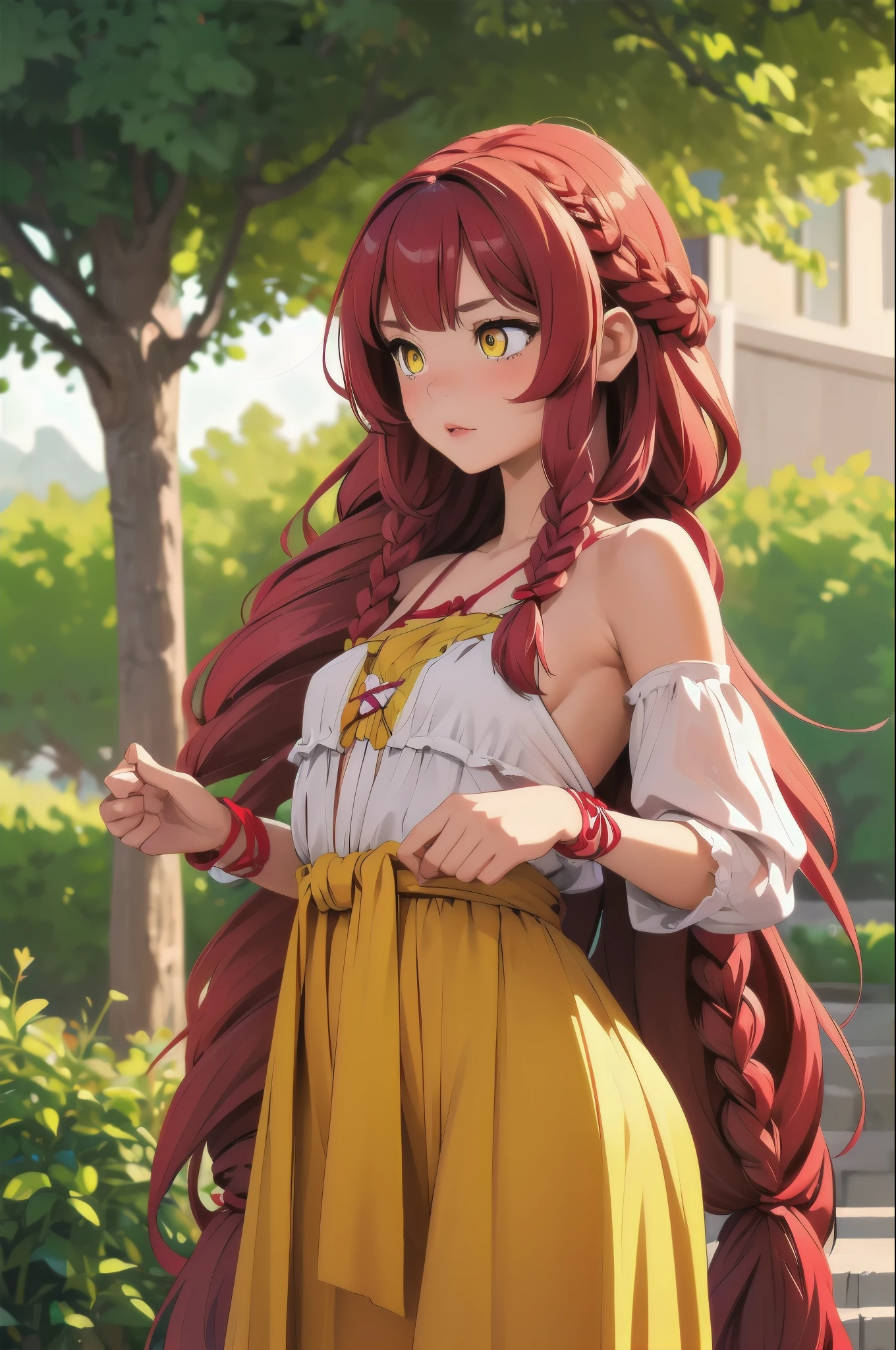 (masterpiece, best quality), 1girl, Crimson Boho Braid with Feather Hair Clip, Size DD breasts, yellow eyes