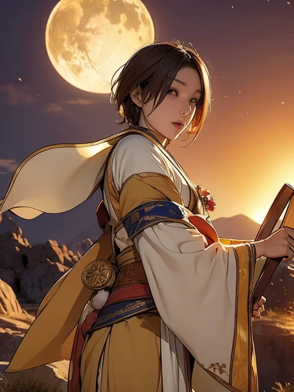 The world of heroic fantasy. A Japanese female bard in her 20s。Camel colored short hair。Because it's muggy、Wear light clothing。I'm sweating。I'm sitting on a rock near the waterfall, the water is splashing.。A giant grey fox snuggles up。Drinking water from a leather water bottle。(Realistic expression)