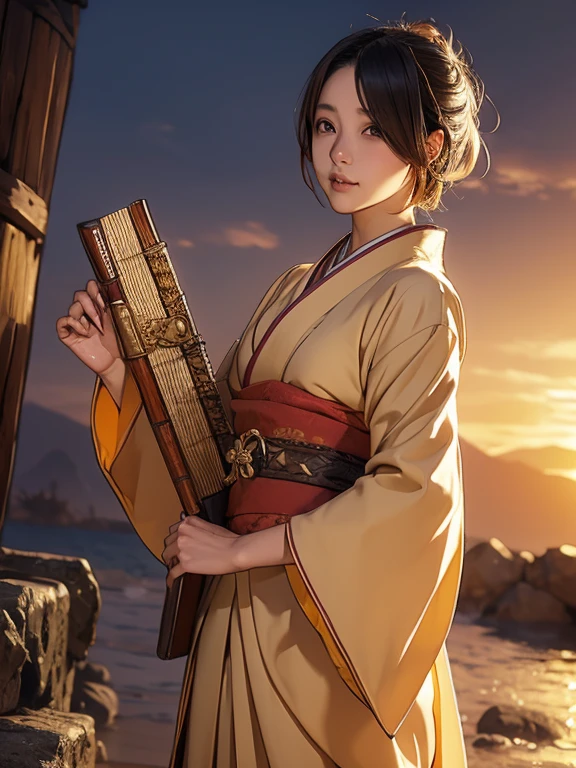 The world of heroic fantasy. A Japanese female bard in her 20s。Camel colored short hair。Because it's muggy、Wear light clothing。I'm sweating。I'm sitting on a rock near the waterfall, the water is splashing.。A giant grey fox snuggles up。Drinking water from a leather water bottle。(Realistic expression)