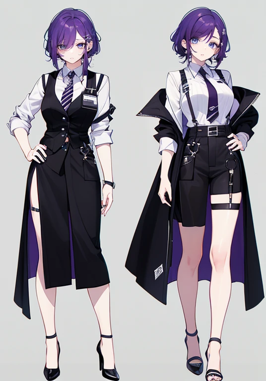 ((Perfect Face)),Purple Hair,Shortcuts,Adult female,bartender,((Harness)),Black vest,((Shirt with rolled up sleeves)),tie,((slit)),High heels,,((Simple Background)),smile,((whole body)),((full body)),Character portrait,upright,,Both arms are lowered,upright,