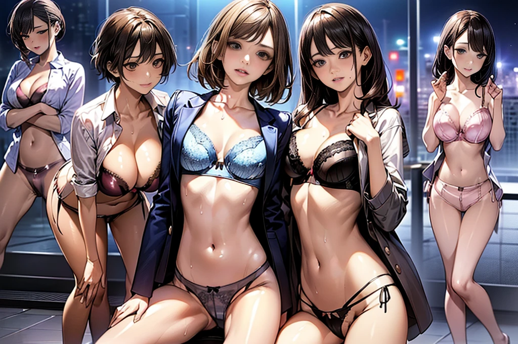 (((night,真night中))),((Dark atmosphere)),(whole body),((Perfect Anatomy:1.2,Realistic:1.3,Raw photo:1.3,masterpiece、highest quality、Ultra - High resolution、High resolution、Extremely detailed CG、8k)),((attractive way to sit)),((((Crouching pose)))),((((Six women)))),((Group selfie)),18-year-old、High school girl beautiful girl,Japanese,((Beautiful and exquisite face and eyes:1.2,Big beautiful eyes:1.0,)),(Brighten your eyes),((Beautiful woman))、((Blonde)),Long Hair,(Center parted hair:1.4,amount),Medium chest,((slim body)),Small Head:1.3,skinny,(Brown Skin:1.8),(Oily skin,Glowing Skin,Shiny skin,Sweat:1.4),(((school uniform、Dark blue blazer jacket、((White Shirt))、Checkered pleated mini skirt))),((Everyone wears the same clothes)),(youth),(prostitution),((show off bra:1.1)),Back of Shinjuku、Tokyo、((Turn your body forward)),Stick out your crotch、(Detailed depiction of the crotch),(Are you having fun),break,(((Satin Bra)))、(((Satin panties)))、(shiny bra:2),((Shiny panties:2))、((((Bra and panties in the same color))))