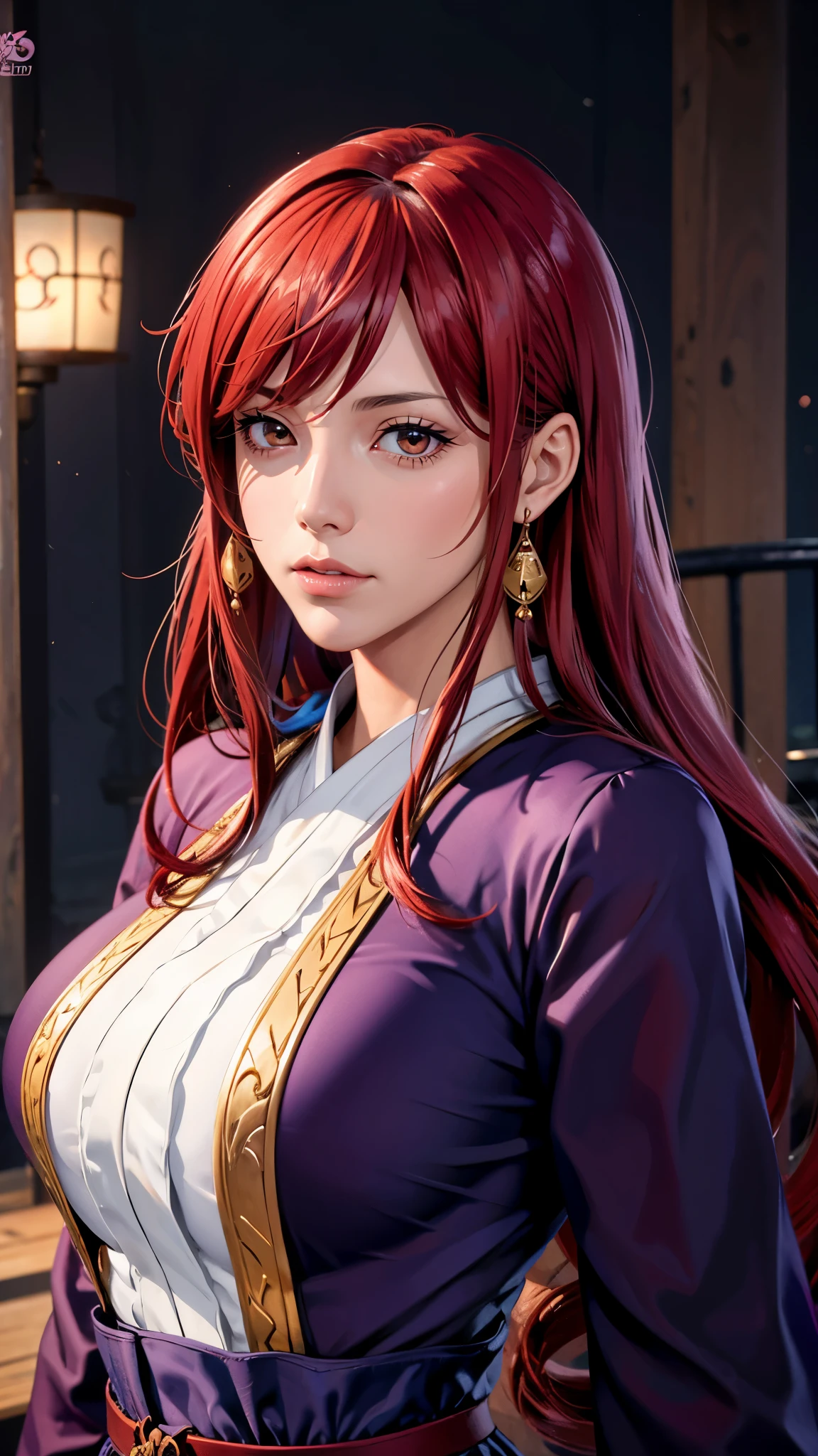 （（（完美figure，figure，solo， （（（Japanese clothing, purple kimono,Black strap  ））），（（（fairy tail, long hair, red hair, brown eyes, hair over one eye））），((masterpiece)),high resolution, ((Best quality at best))，masterpiece，quality，Best quality，（（（ Exquisite facial features，Looking at the audience,There is light in the eyes，(（（lol，confidence））)，））），型figure:1.7））），（（（Light and shadow，Huge breasts））），（（（Looking at the camera，black background，）））