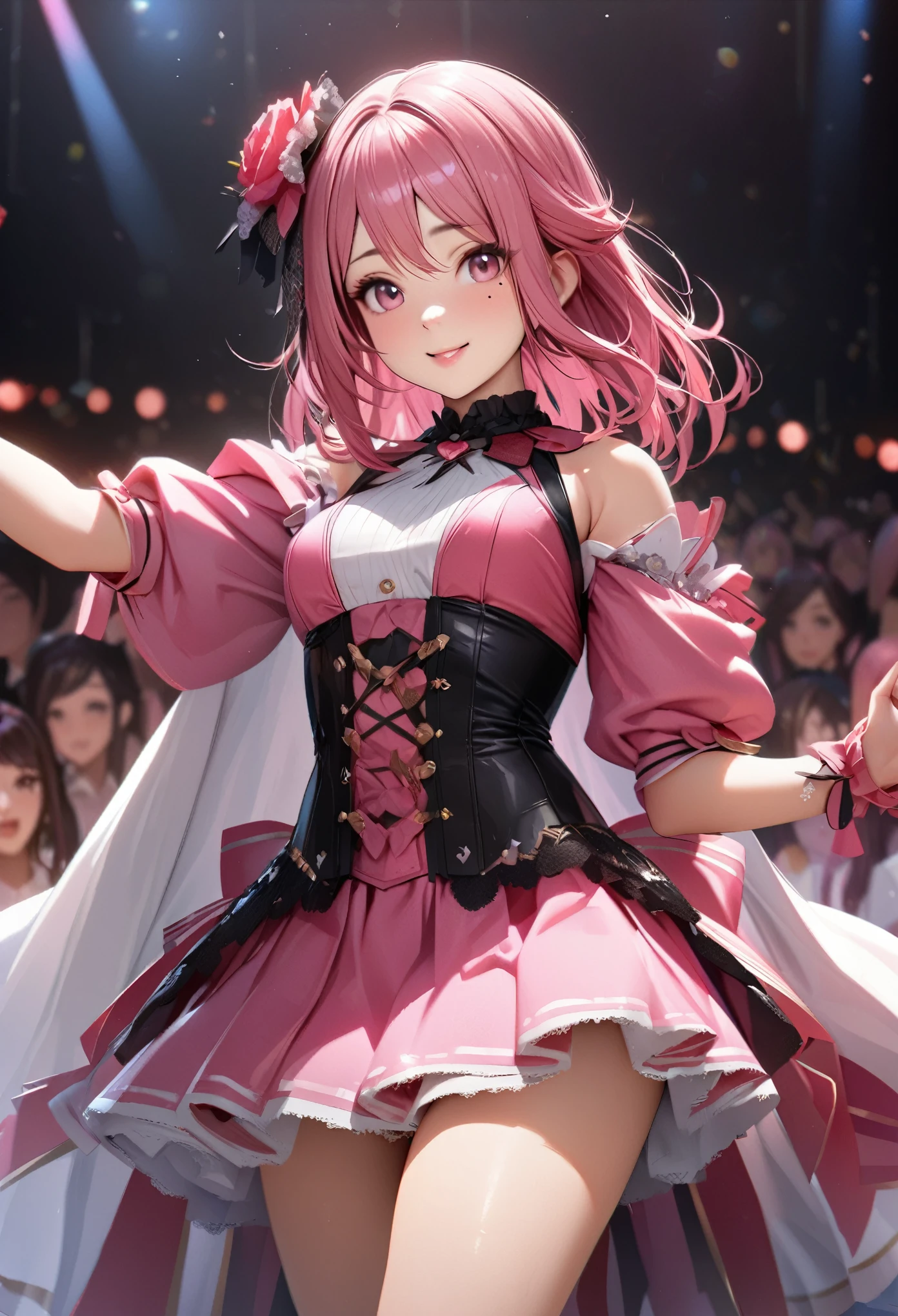 One Girl、Looking at the audience、
Beautiful Pink Eyes、long pink  hair、,Mole under the eye、Plump and glossy lips、Heart-shaped choca、Idol、she is name Riko,smile、ー、。.。.。.。.。.。.。.。.。.。.。.。.。.。.。.。.。.。.3D、Realistic、
idol costume、short skirt,Drape clothes、gem、The decoration has been removed、Floral、Lace trim,On the glittering stage、
masterpiece、highest quality、8k、Detailed skin texture、Detailed cloth texture、Beautifully detailed face、Intricate details、Very detailed、
超A high resolution、8K Ultra HD、Film Grain、Best Shadow、delicate、Staring at the audience、front