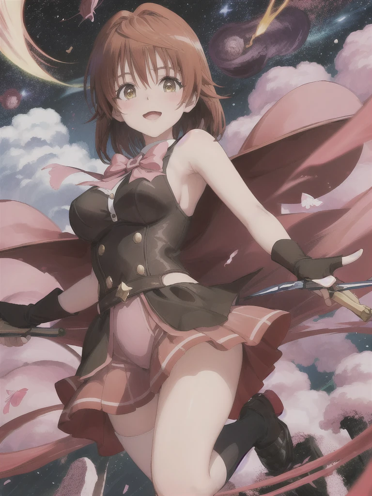 Sakura Kinomoto, 1 girl, solo, short hair, brown hair, knee-high socks, black gloves, hat, outer space, red dress, green eyes, wings, white gloves, magical girl, wand, pink hat, sealing wand, sealing mirror