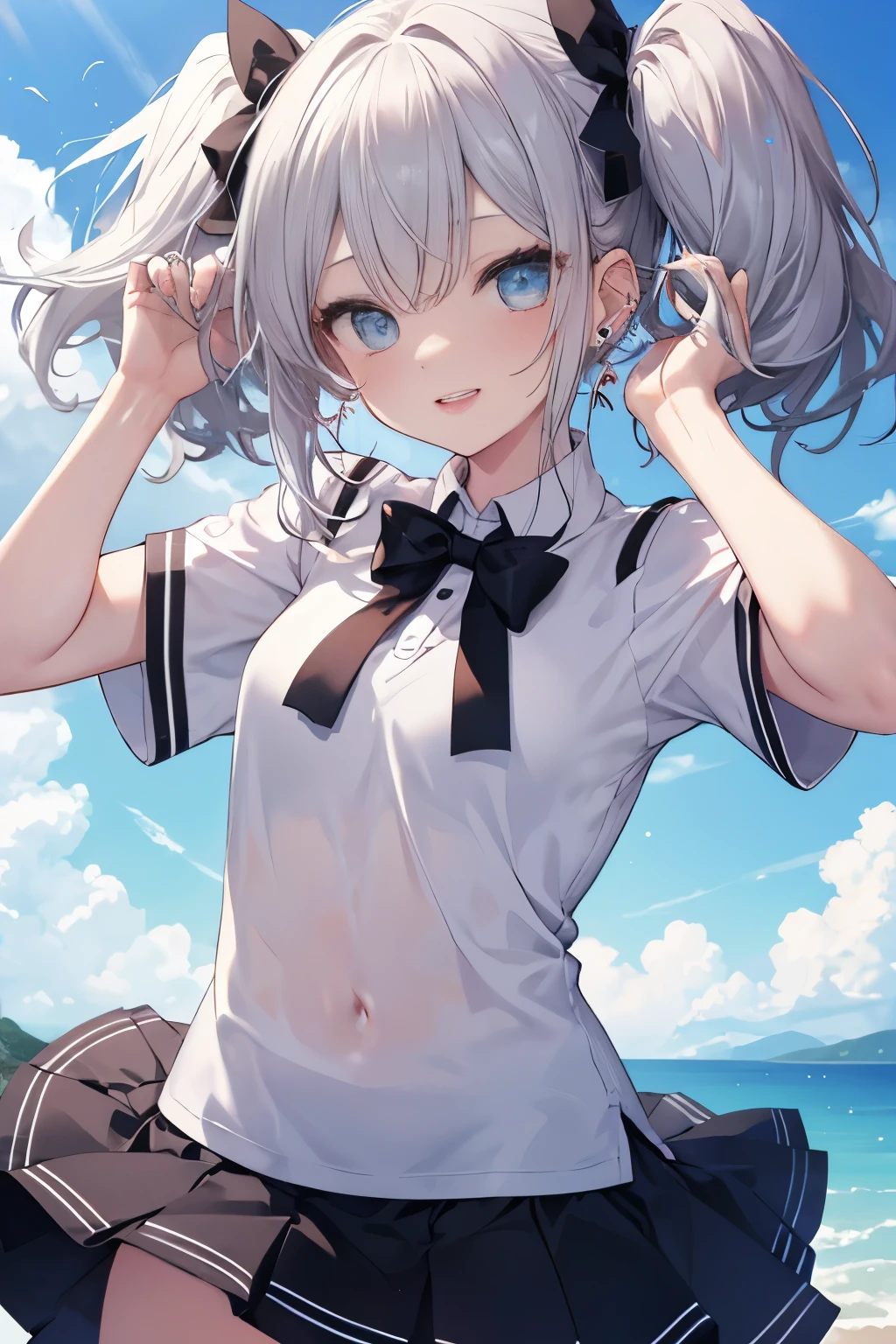 Silver-haired blue eyes、 girl、Small breasts、Twin tails、Laughter、Nico Nico Smile、Wink、 girl、Looks about 、Petan Musume、short、There are highlights on the eyes、Gal-like appearance、Wearing piercings、Sexy short sleeve outfit、mini skirt、The wind is blowing and my panties are showing through my skirt、I'm sweating because it's so hot、blue sky、Lightly dressed and cute