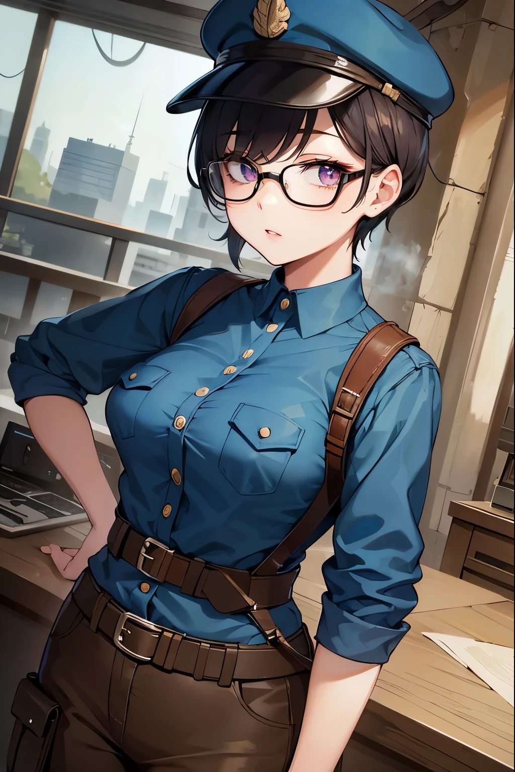 Wide angle, a pretty girl messenger, wearing large glasses, undercut hair, wearing postal uniform, in a post-apocalyptic world