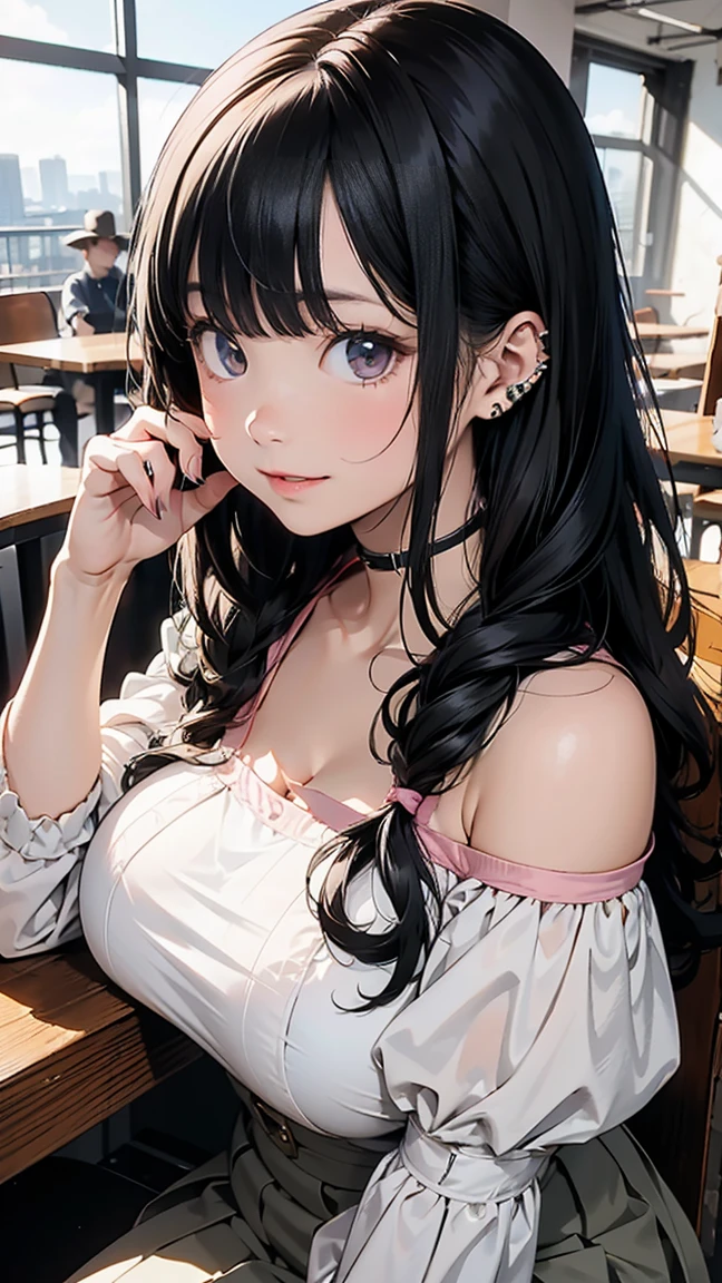((highest quality)), ((masterpiece)),High resolution (High Dynamic Range),Ray tracing, Super Resolution, (((anime screencap, black outline, Written boundary depth , written soft outline))), blur, bokeh, Maximum clarity and sharpness,Multilayer Texture,surface shading,Accurate simulation of light-matter interactions,Perfect Proportions,Two-tone lighting, White balance,8KOnly one woman, BREAK beautiful hair, Beautiful Face, Beautiful and beautiful eyes, Beautiful body, Beautiful breasts, Beautiful thighs, Beautiful feet, Beautiful fingers, (Beautiful views) , breast enlarged, large breast, perky title, (blush, smiling , 20 years, seductive adult woman , anime gyaru , Narrow eyes) , brown eyes , brown hair, streaked hair, piercing, hair intakes, ear piercing, colored inner hair, very Long Hair, twin-braid, (((light pink)) High-Waist-Pleated-long-Skirt:1.3), (\(light green blouse with detailed-ruffles\):1.5, cropped-shoulder:1.3, Puff-Sleeve:1.3 ,oversized-blouse:1.3), BREAK (((portrait, close up, cowboy shot, looking at viewer))), ((breast on table:1.3)) BREAK (sitting, a girl relaxing in a cafeteria:1.3, book and coffee cup on table) outdoors,