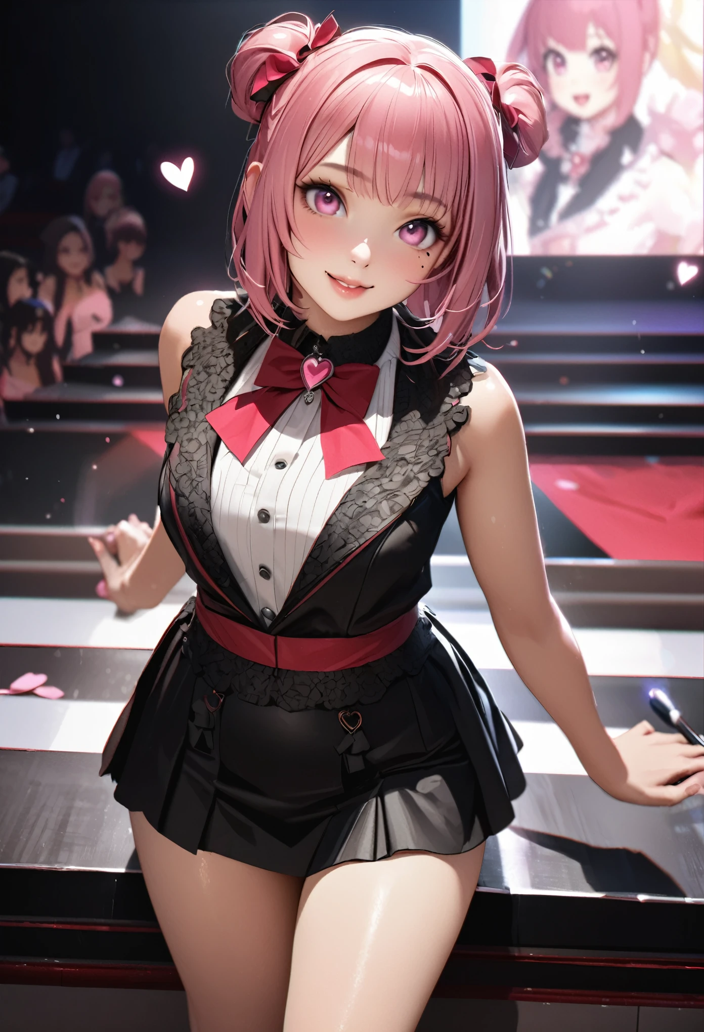 One Girl、Looking at the audience、
Beautiful pink eyes、Long pink hair、,Mole under the eye、Plump and glossy lips、Heart-shaped choca、Idol、Her name is Rico,smile、ー、。.。.。.。.。.。.。.。.。.。.。.。.。.。.。.。.。.。.3D、Realistic、
Idol衣装、Short skirt,Drape clothes、gem、The decoration has been removed、Floral、Lace trim,On a glittering stage、
masterpiece、highest quality、8k、Detailed skin texture、Detailed cloth texture、Beautifully detailed face、Intricate details、Very detailed、
超A high resolution、8k Ultra HD、Film Grain、Best Shadow、delicate、Gazing at the audience、front