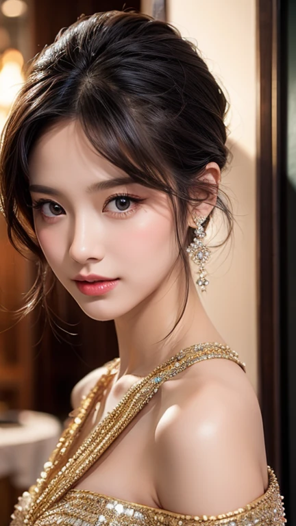 A luxury hotel room、Luxury Hotel、Professional Lighting、Professional Lighting、Black Hair、Tie your hair up、Gorgeous dress、Sequins、Off the shoulder、