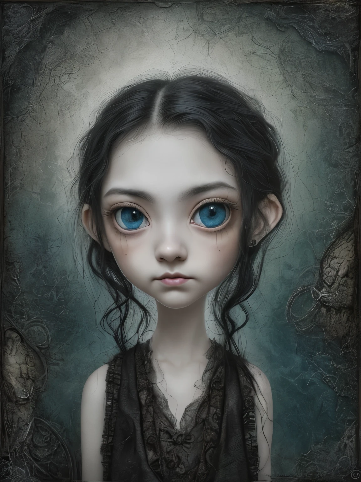 Un primer plano de una chica muy triste con el pelo largo (rubio) y los ojos grandes y azules, Anton Semenov, Mark Ryden muy detallado, Estilo Mark Ryden, Mark Ryden en el estilo de, Estilo de Mark Ryden, inspirado por Mark Ryden, Naoto Hattori, Adorable pintura digital, cara linda. DarkFantasy, Estilo Wlop Loish y Clamp