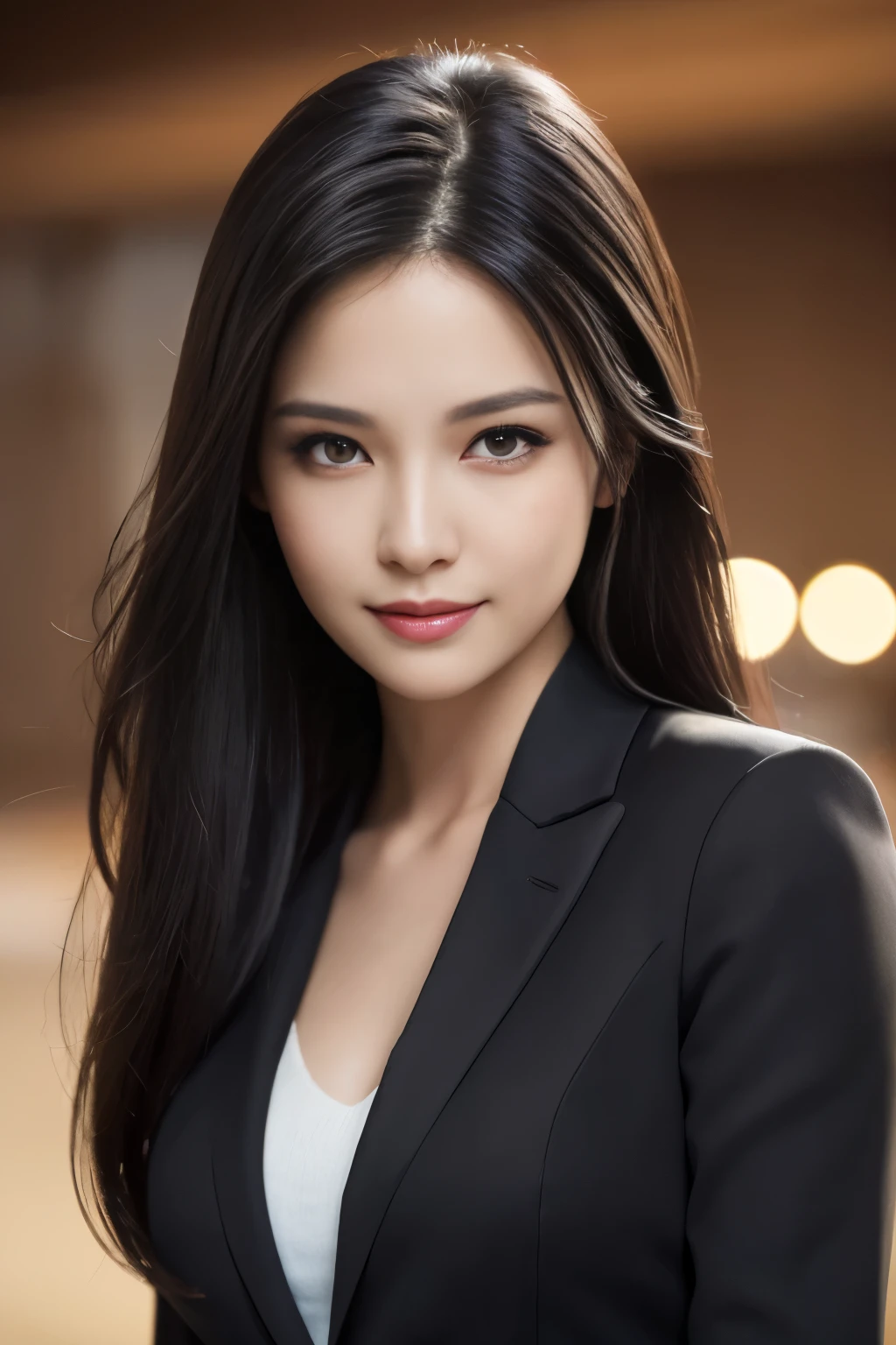 tabletop, Highest quality, realistic, Extremely detailed, exquisite, high resolution, 8k wallpaper, 1 beautiful woman,, long black hair, Wear a business suit, Sharp focus, Perfect dynamic composition, Beautiful and detailed eyes, Thin hair, Detailed realistic skin texture, smile, Close-up photo, Model's shape