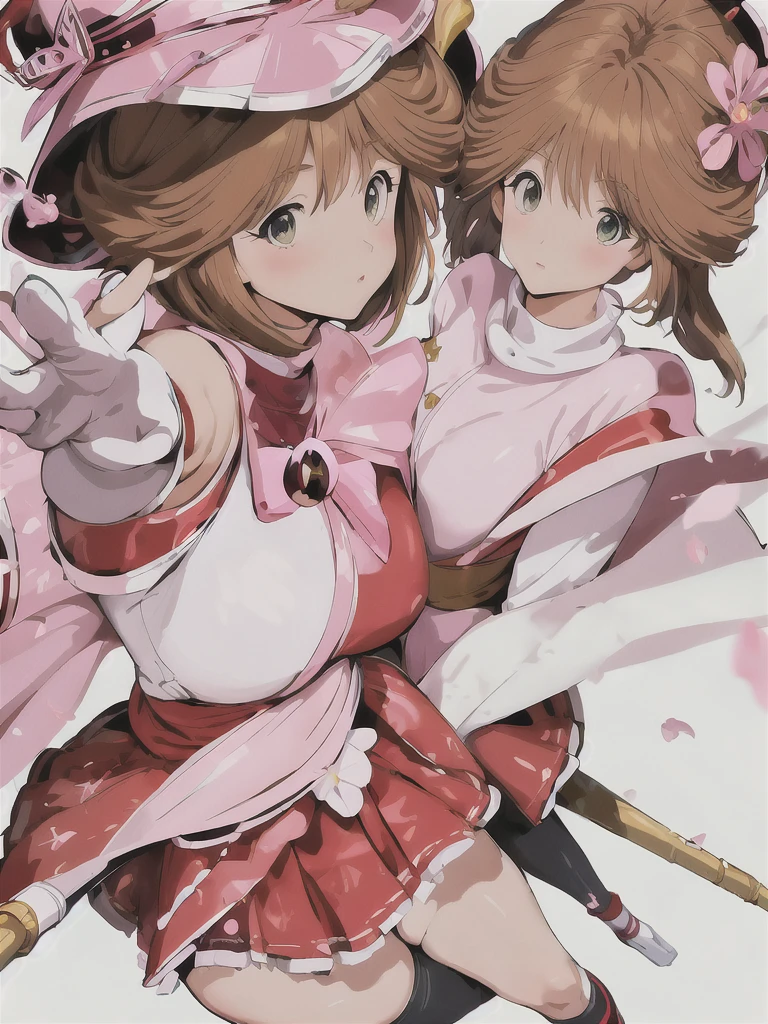 Sakura Kinomoto, 1 girl, solo, short hair, brown hair, knee-high socks, black gloves, hat, outer space, red dress, green eyes, wings, white gloves, magical girl, wand, pink hat, sealing wand, sealing mirror