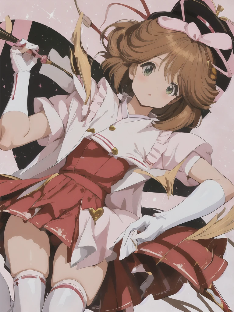 Sakura Kinomoto, 1 girl, solo, short hair, brown hair, knee-high socks, black gloves, hat, outer space, red dress, green eyes, wings, white gloves, magical girl, wand, pink hat, sealing wand, sealing mirror