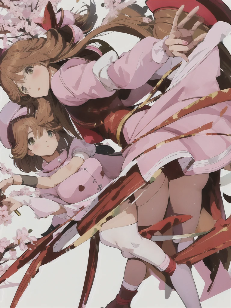 Sakura Kinomoto, 1 girl, solo, short hair, brown hair, knee-high socks, black gloves, hat, outer space, red dress, green eyes, wings, white gloves, magical girl, wand, pink hat, sealing wand, sealing mirror